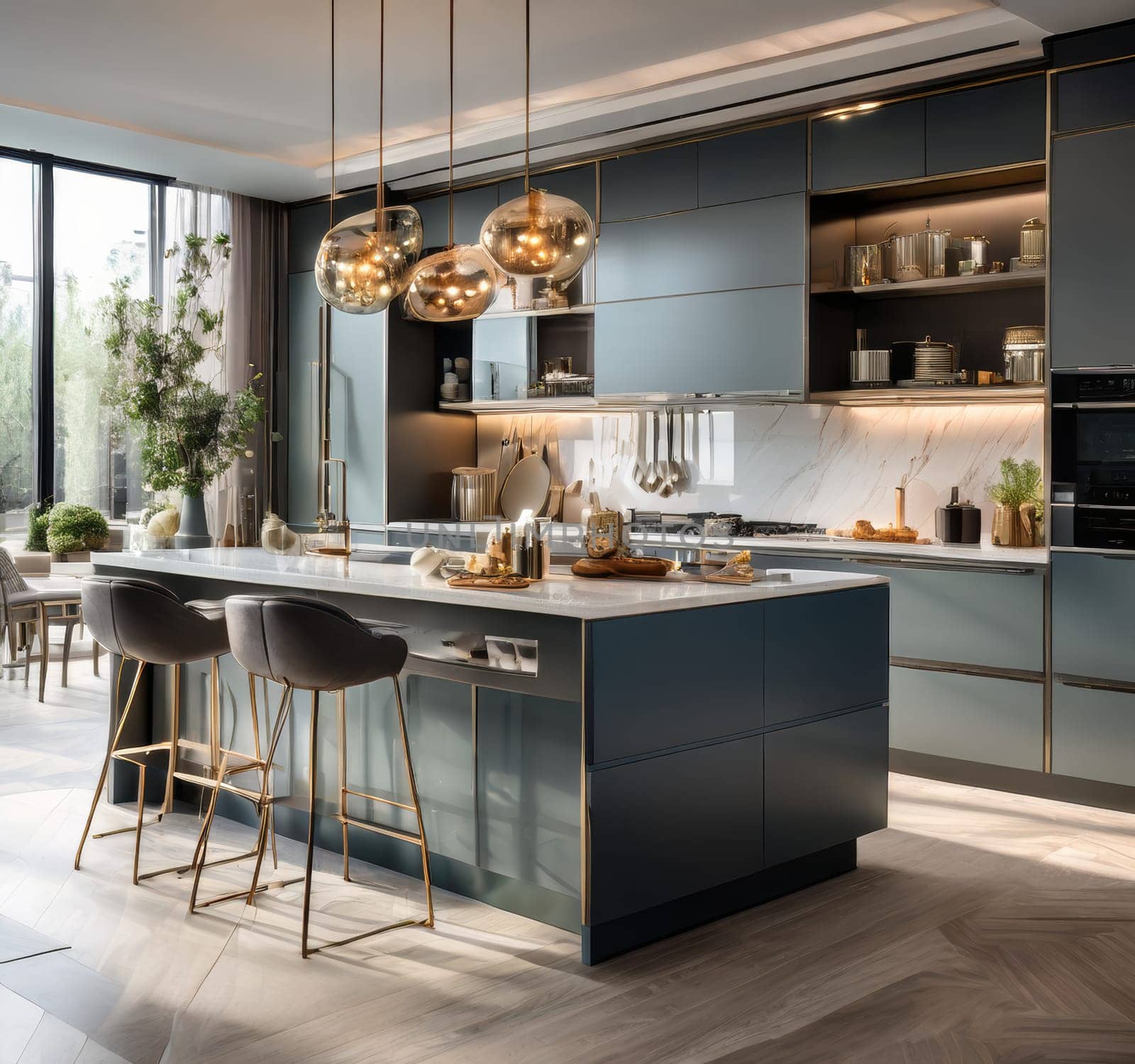 Interior design of fashionable modern cozy luxurious kitchen