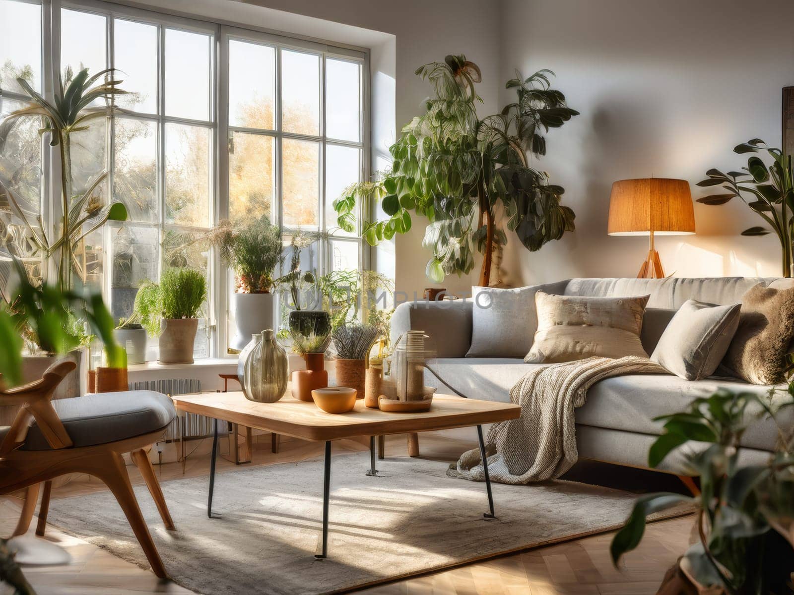 Urban jungle in living room interior. Scandinavian and boho style cozy living room interior with many natural potted plants. Writing desk and chair in room with green plants