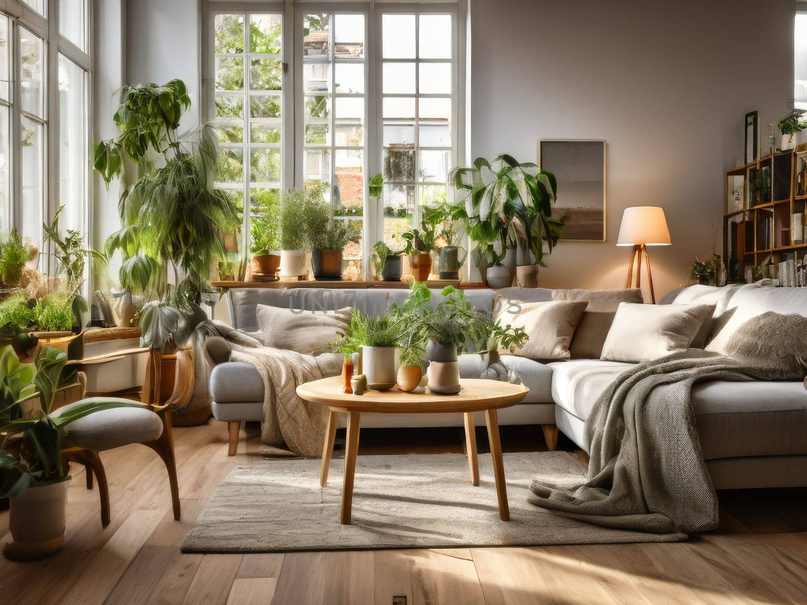 Urban jungle in living room interior. Scandinavian and boho style cozy living room interior with many natural potted plants. Writing desk and chair in room with green plants