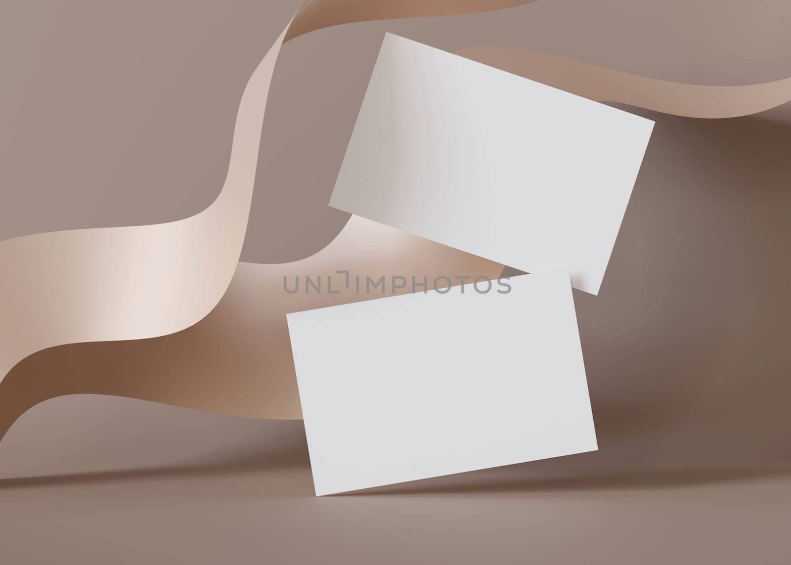 Two blank business cards floating over a wavy beige backdrop, perfect for designers to display corporate identity or branding. Business card mockup. European size 3,25 x 2,17 inch. Visiting card. 3D. by creativebird