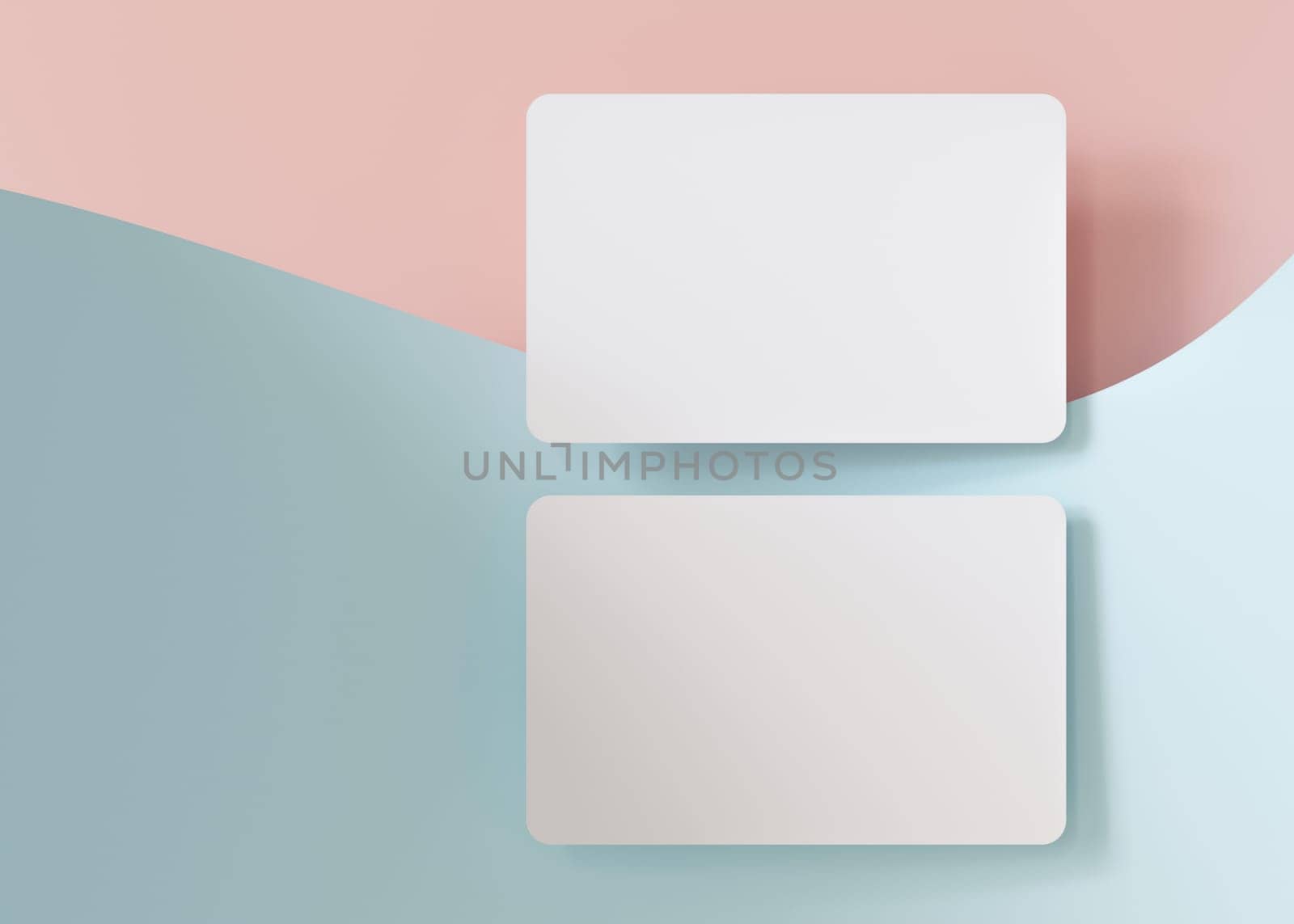 Two white business cards on pastel pink and blue, wavy background, perfect for a fresh and modern brand representation. European size, 3,25 x 2,17 inch. Visiting, name cards. Rounded corners. 3D