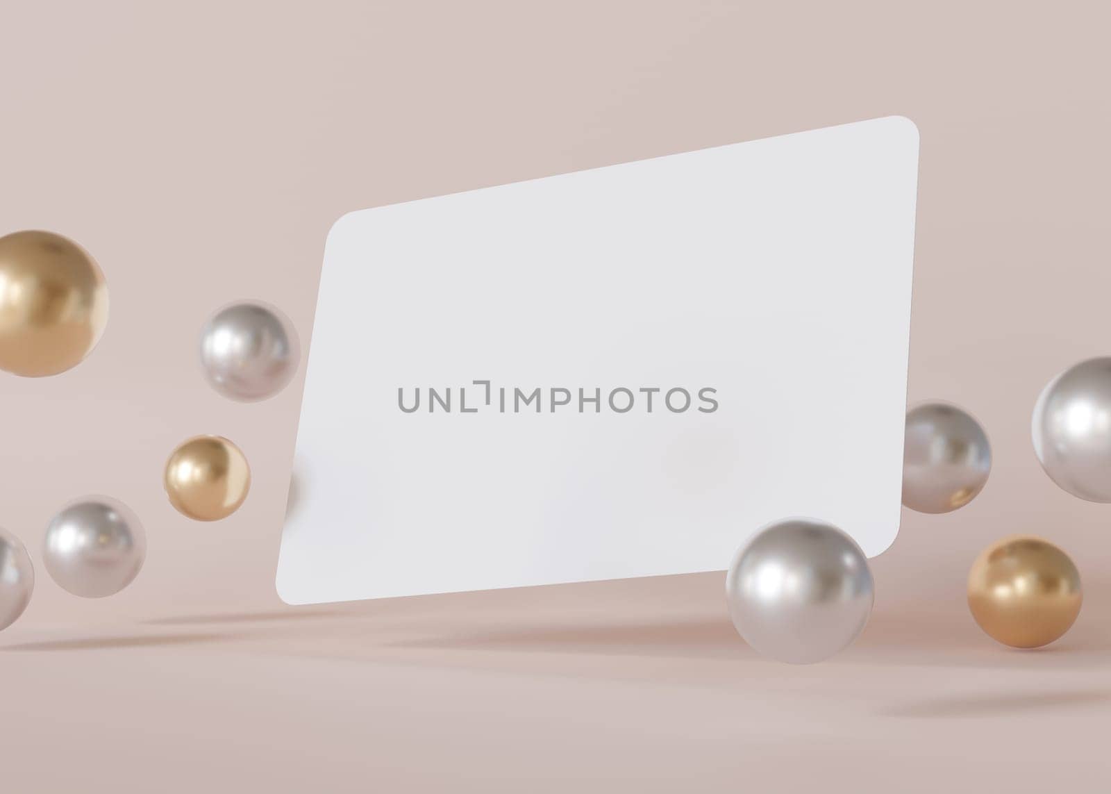 Chic white business card mockup surrounded by floating metallic spheres on a delicate beige background, ideal for trendy and artistic brand display. European size, 3,25 x 2,17 inch. Visiting card. 3D