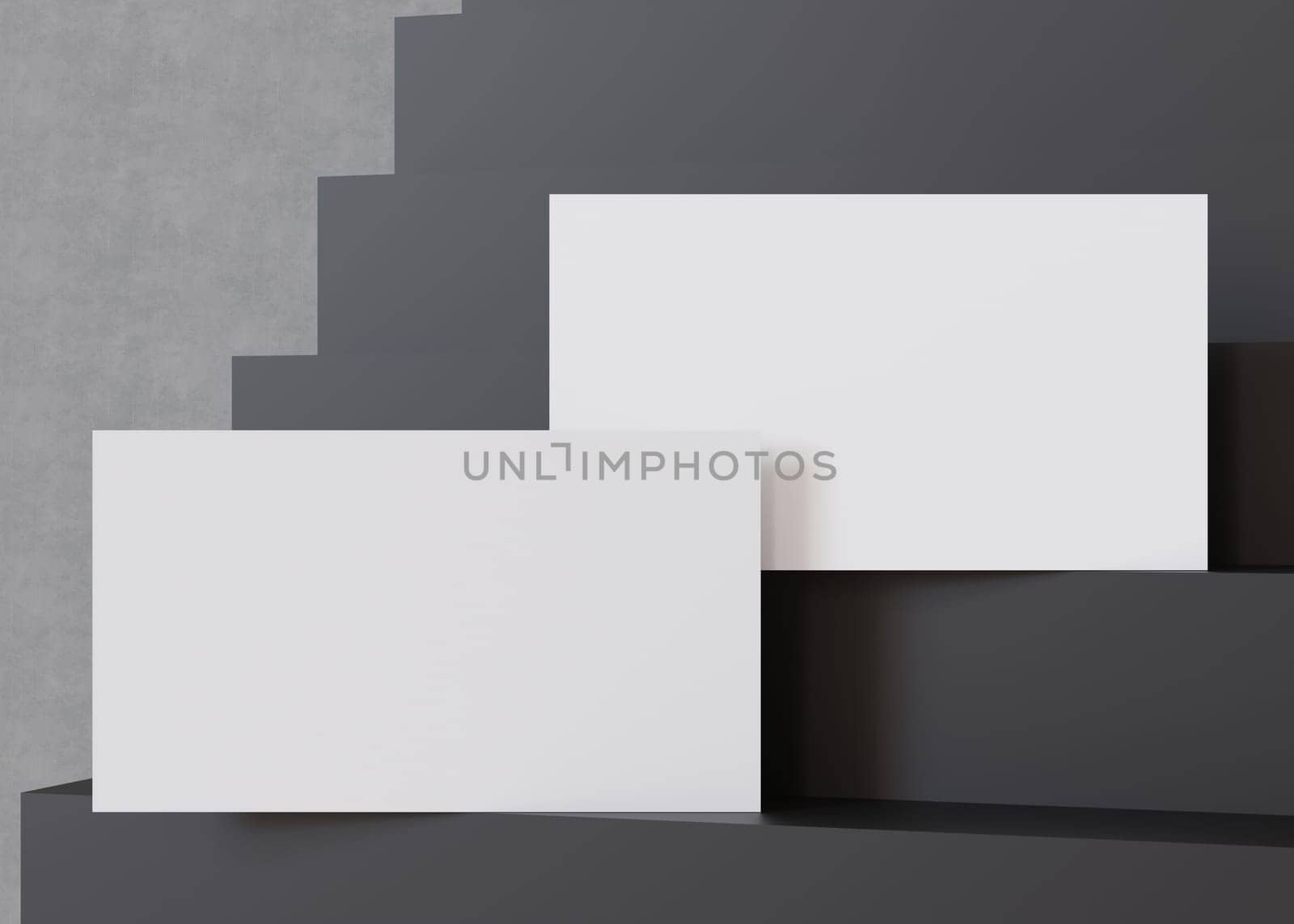 Stylish blank, white business cards on a cascading black staircase, perfect for a bold and modern branding presentation. American size, 3,5 x 2 inch. Visiting, name cards mockup. 3D. by creativebird
