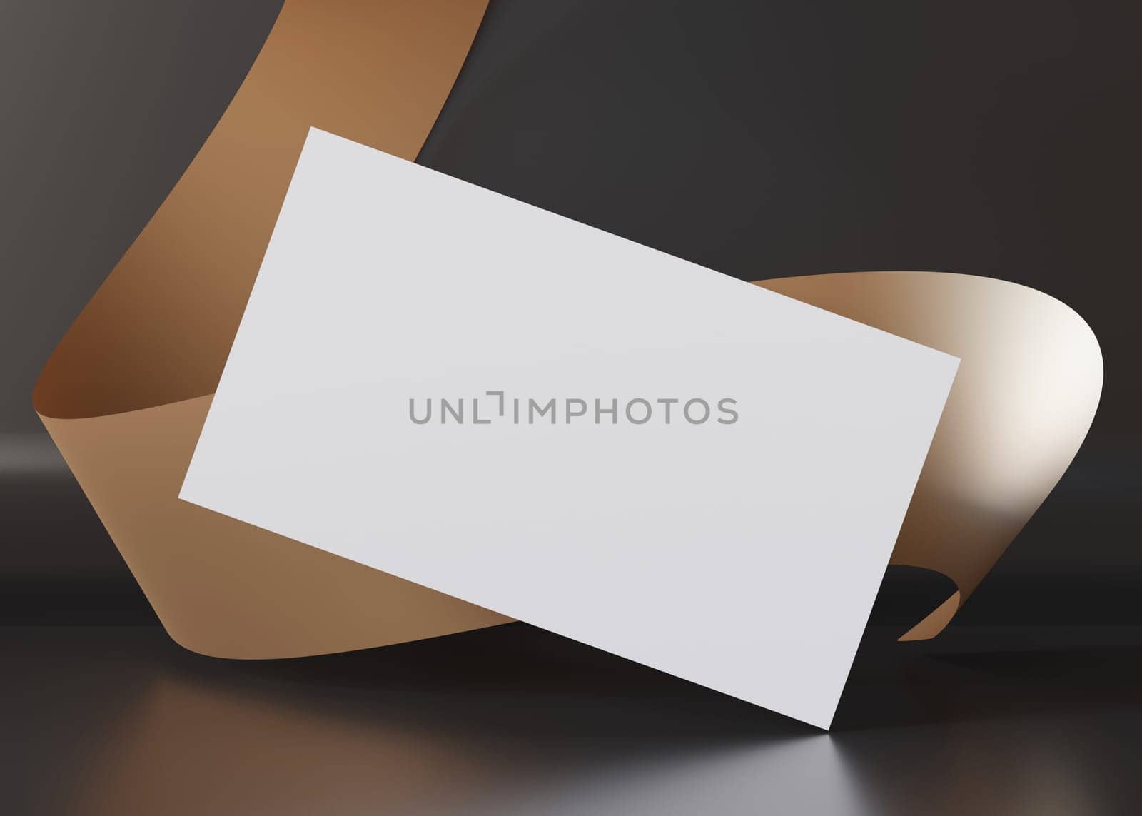 Elegant business card mockup with a reflective surface and dynamic golden curve in the background, ideal for presenting professional branding. American size, 3,5 x 2 inch. Visiting, name card. 3D