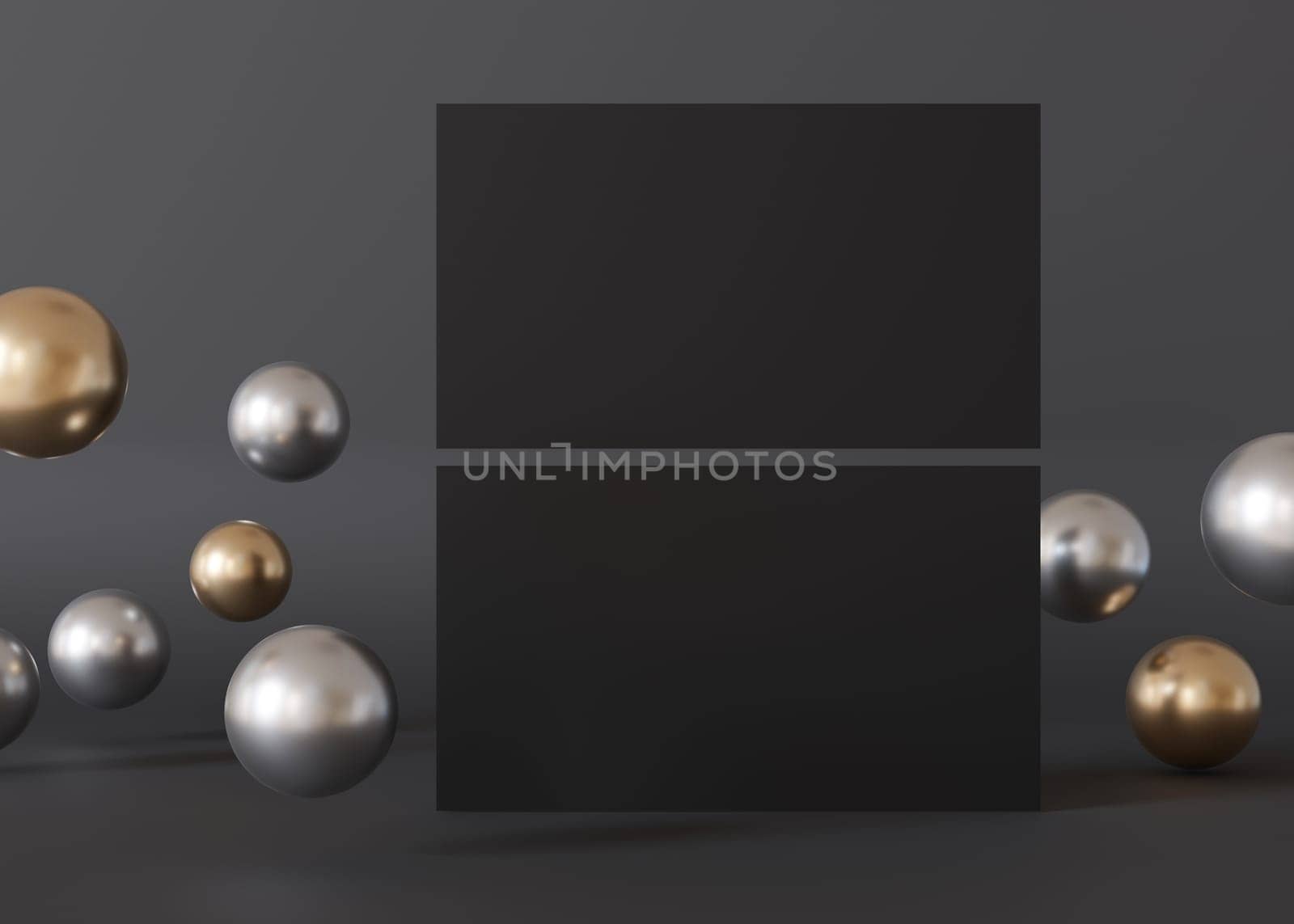 Luxurious black business cards with reflective silver and gold spheres on a dark background, ideal for premium branding presentations. American size, 3,5 x 2 inch. Visiting, name cards mockup. 3D