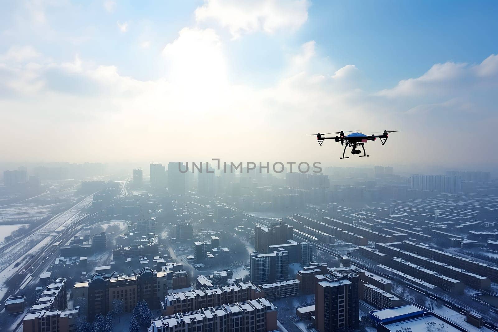 flying drone above the city at winter morning by z1b