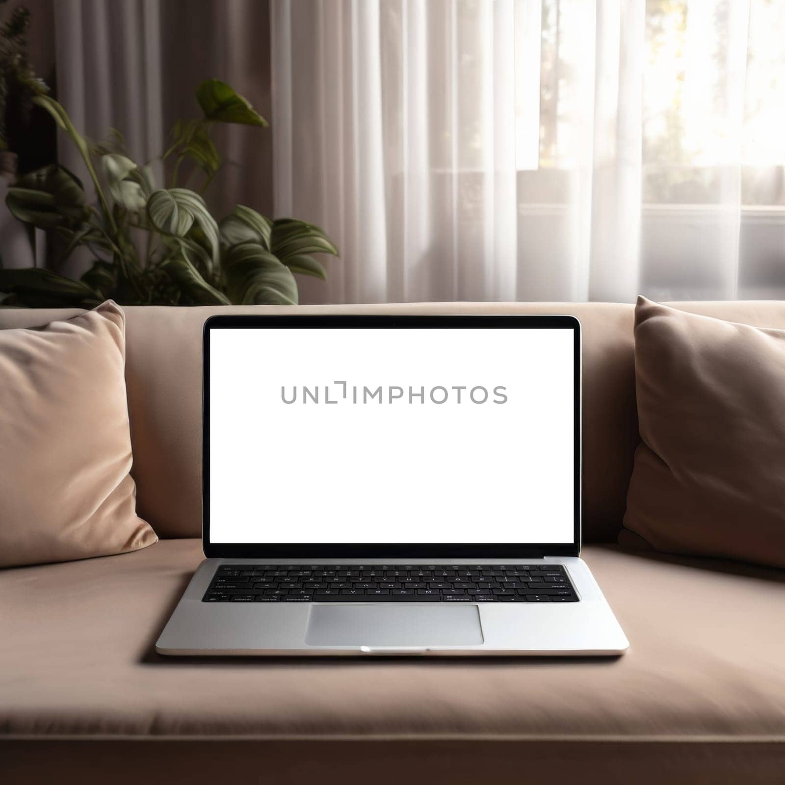 Open modern laptop with blank white screen on sofa in cozy room interior, mockup. Empty laptop screen on table in modern room interior, mockup