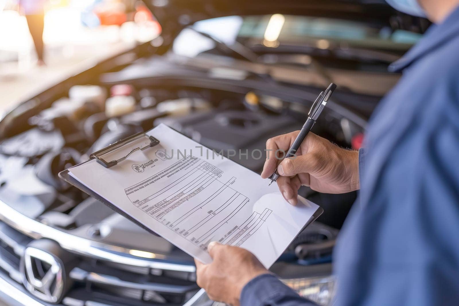 A focused professional conducting a thorough inspection of a vehicle, writing on a clipboard, with the car's interior visible