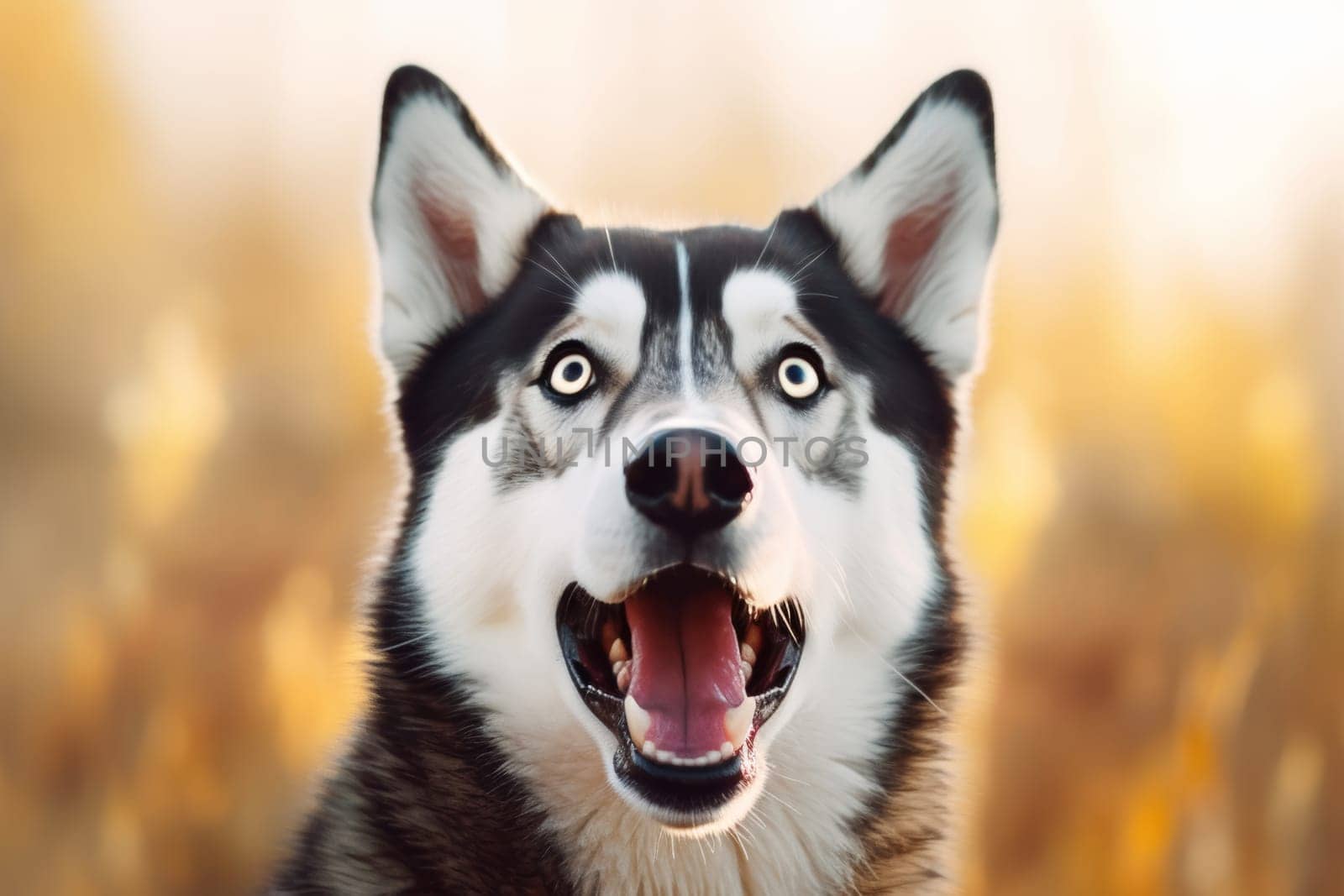 Close-up of a Siberian Husky with captivating blue eyes and a playful expression, set against a warm blurred background