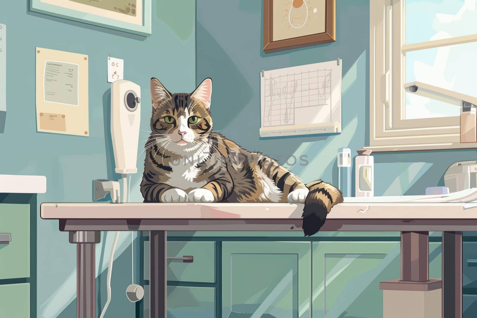A gentle veterinarian performs a wellness check on a relaxed tabby cat, in a cozy veterinary clinic, illustrating the bond between pets and caregivers