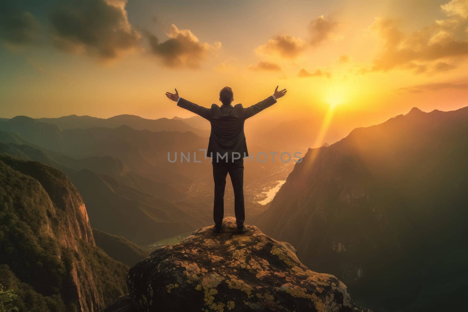 An inspirational scene of a person standing triumphantly on a mountain peak with arms raised against the backdrop of a breathtaking sunrise and rolling hills