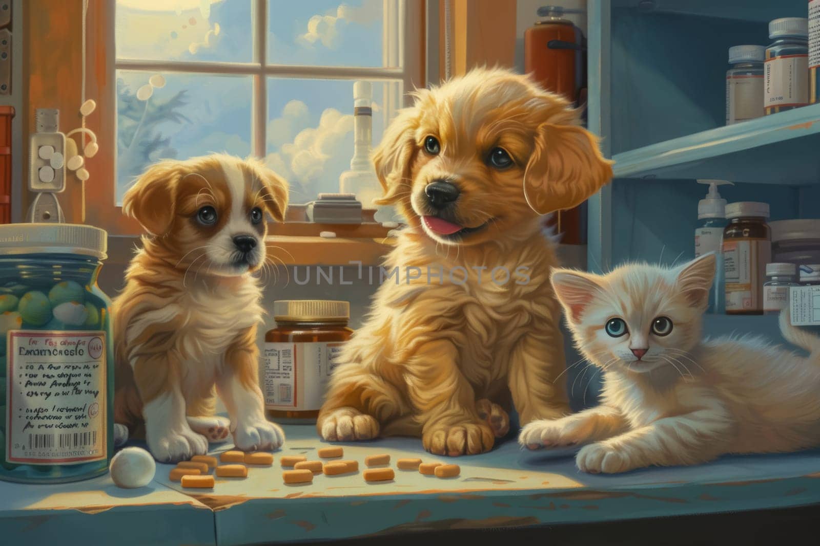 Two adorable puppies and a curious kitten enjoy a playful time together among pet toys and treats, in a cozy indoor setting filled with warmth and companionship