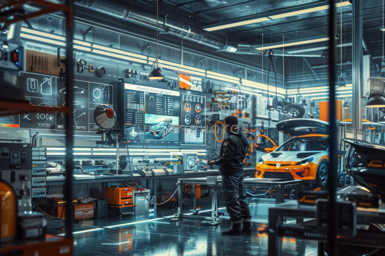 A technician operates advanced diagnostic equipment in a modern automotive repair shop, with high-performance cars in the background