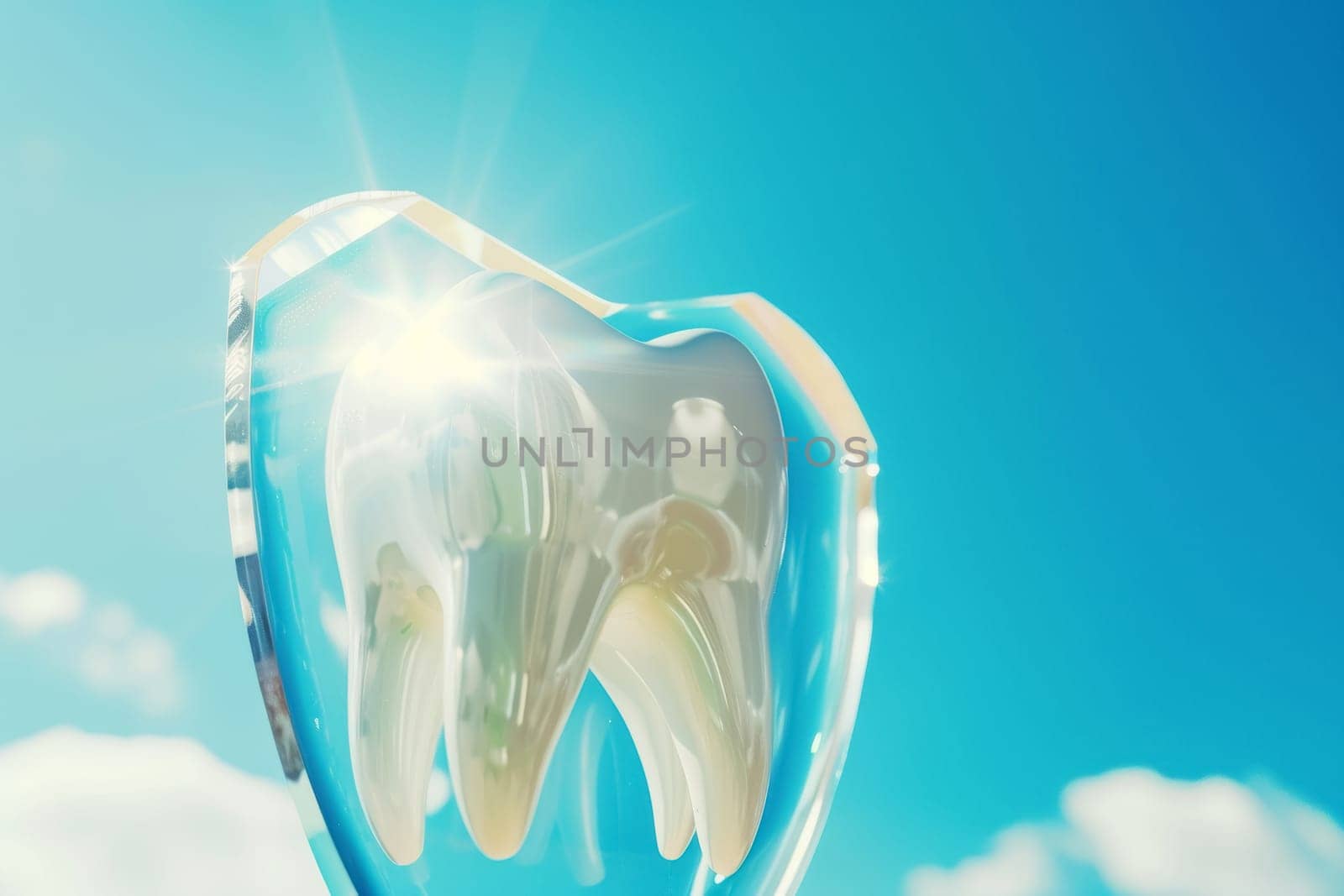 A concept image featuring a shield superimposed over a tooth against a clear blue sky, symbolizing dental protection