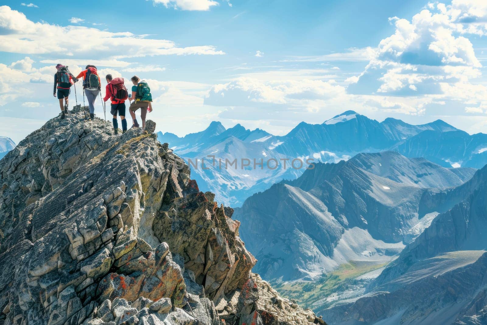 A group of friends reach the summit of a mountain, their silhouettes set against the warm glow of the setting sun, depicting triumph and camaraderie