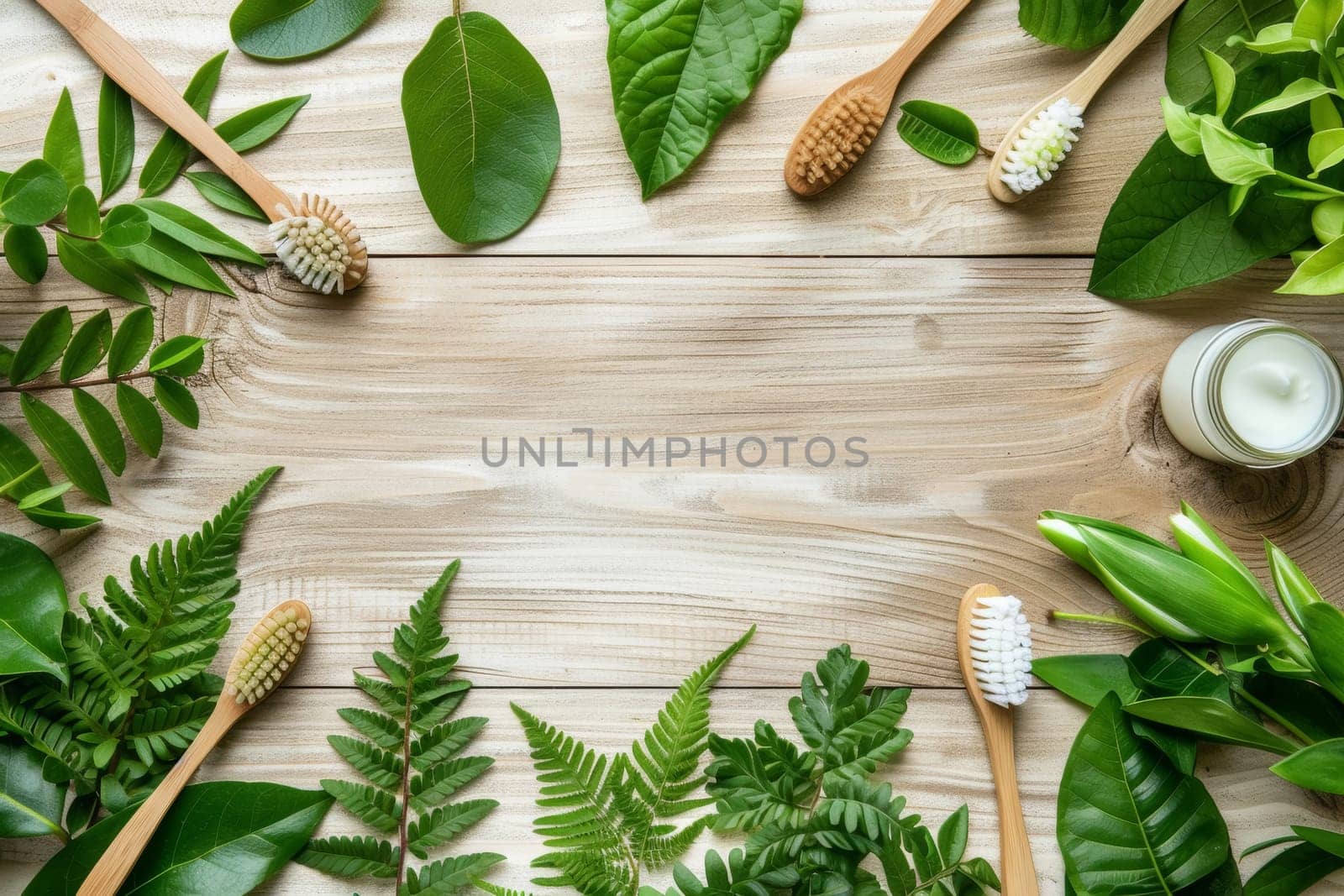 An array of eco-friendly dental products, including biodegradable toothbrushes and natural toothpaste, displayed on a wooden background surrounded by green leaves