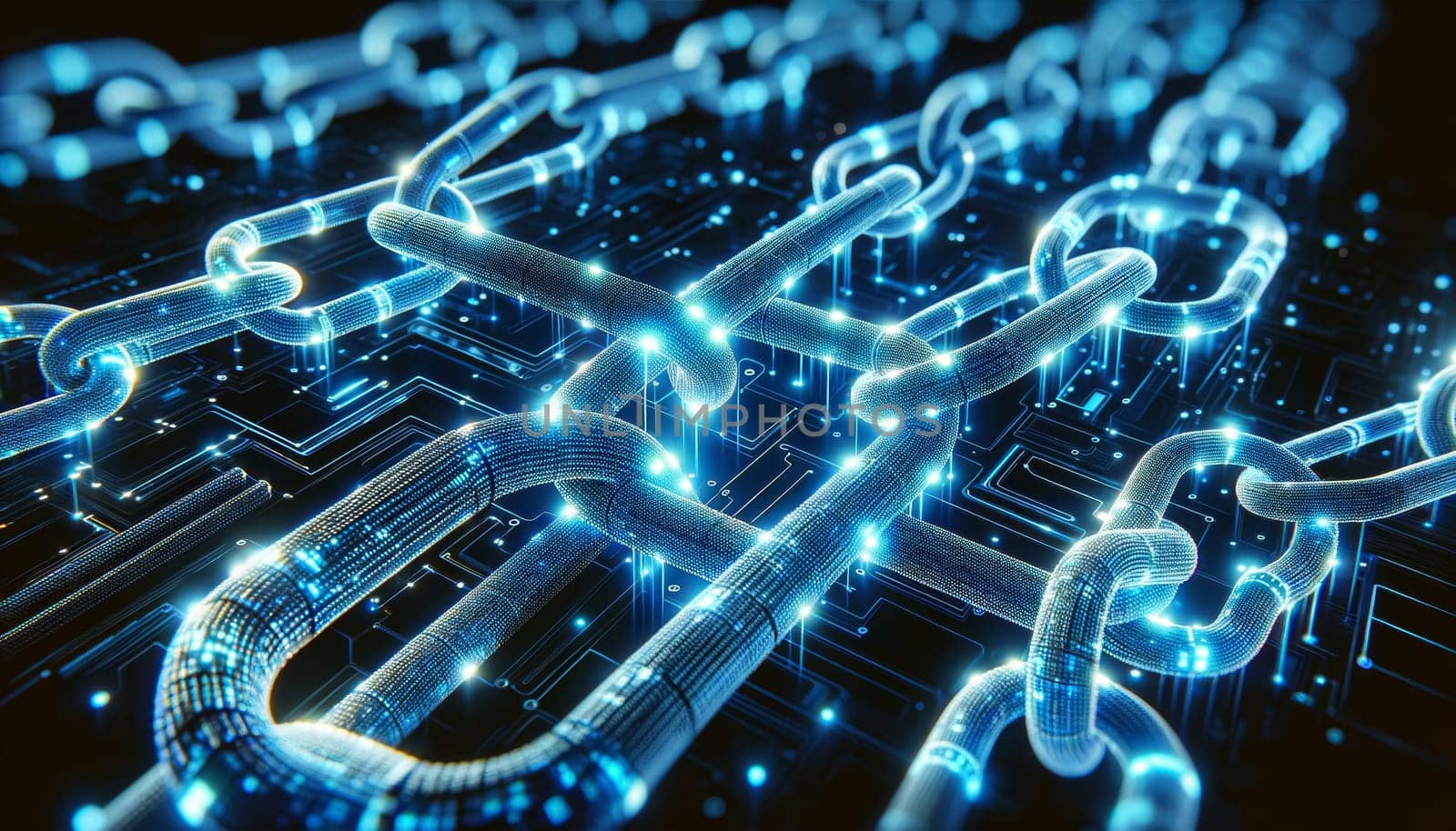 A concept illustration showcasing a glowing blue blockchain network with interconnected digital chains, symbolizing advanced security and technology.