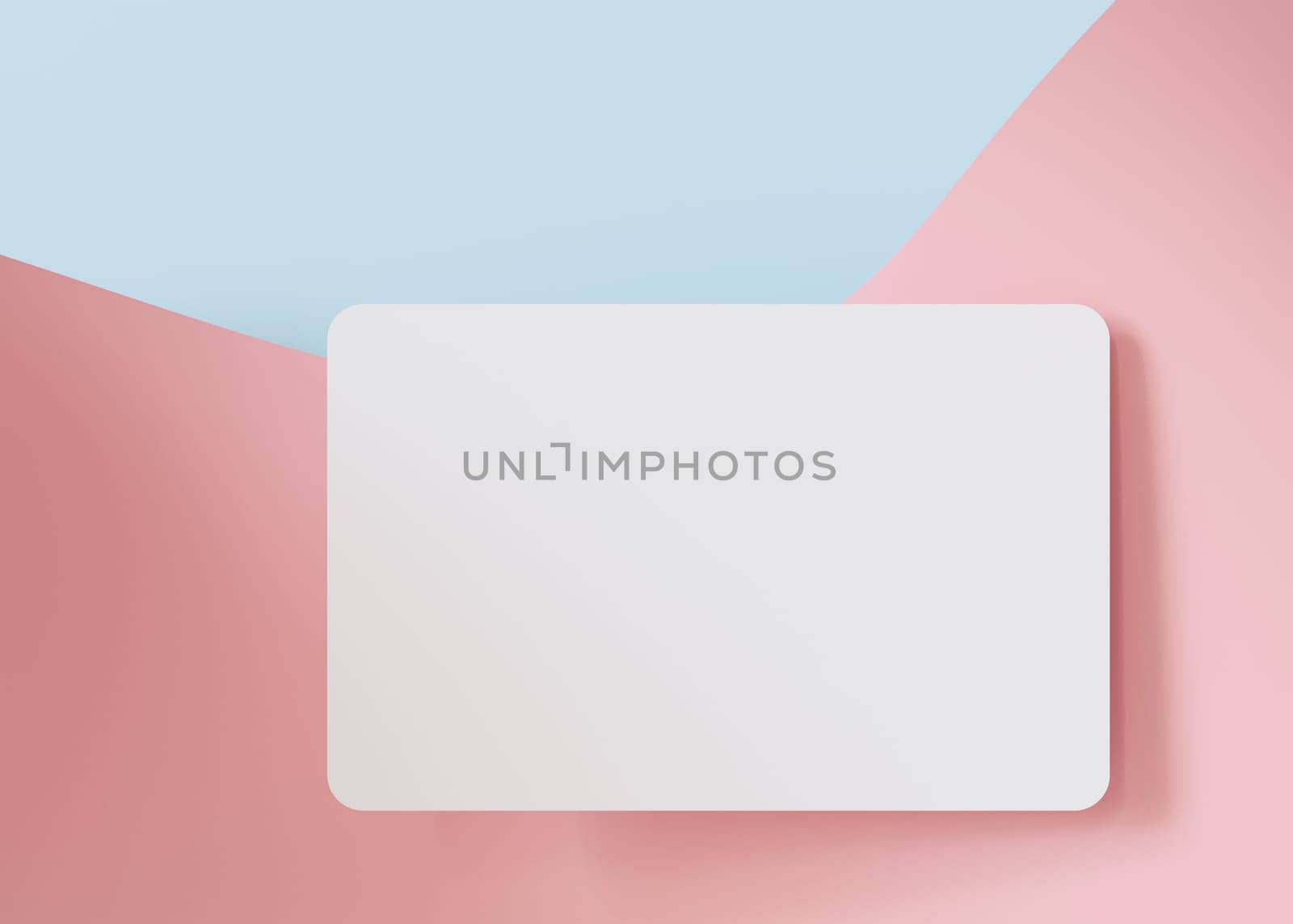 Clean white business card mockup on pastel pink and blue background, perfect for a fresh and modern brand representation. European size, 3,25 x 2,17 inch. Visiting, name card. Rounded corners. 3D