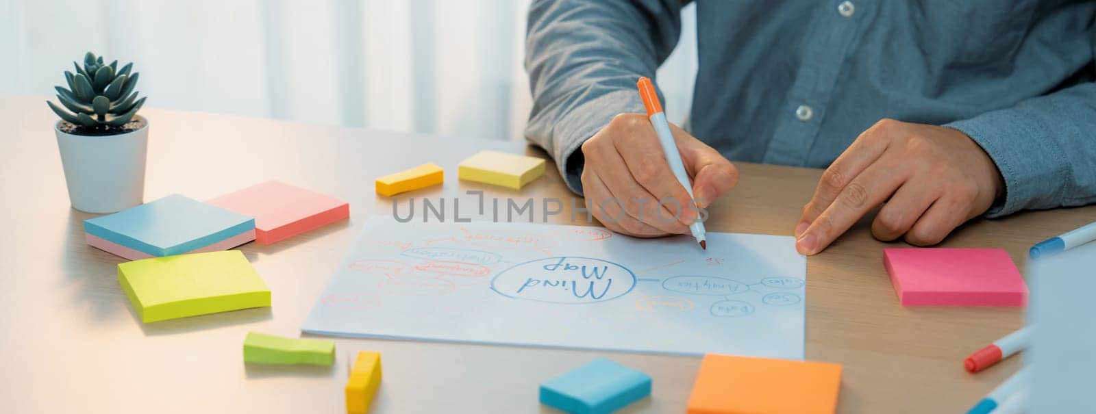 Skilled businessman brainstorms marketing ideas using mind maps. Successful male startup leader drafts financial plan on table with sticky notes scatter around. Closeup. Focus on hand.Variegated.