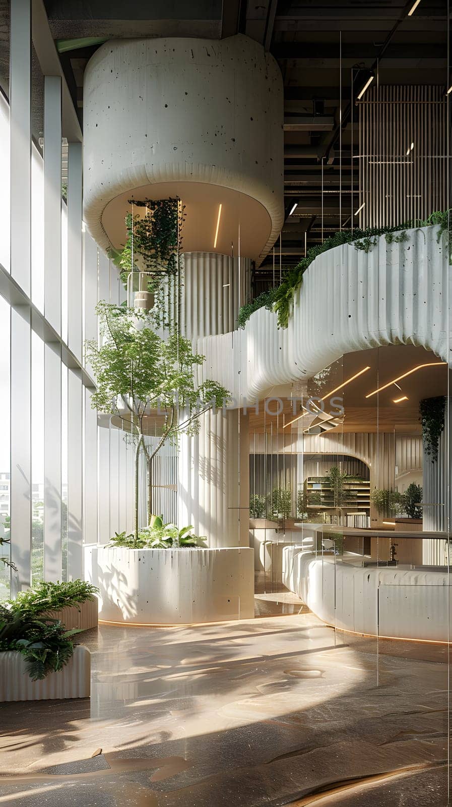 A spacious room with numerous windows and hanging plants, adding a touch of greenery to the hardwood flooring and wooden facade of the building