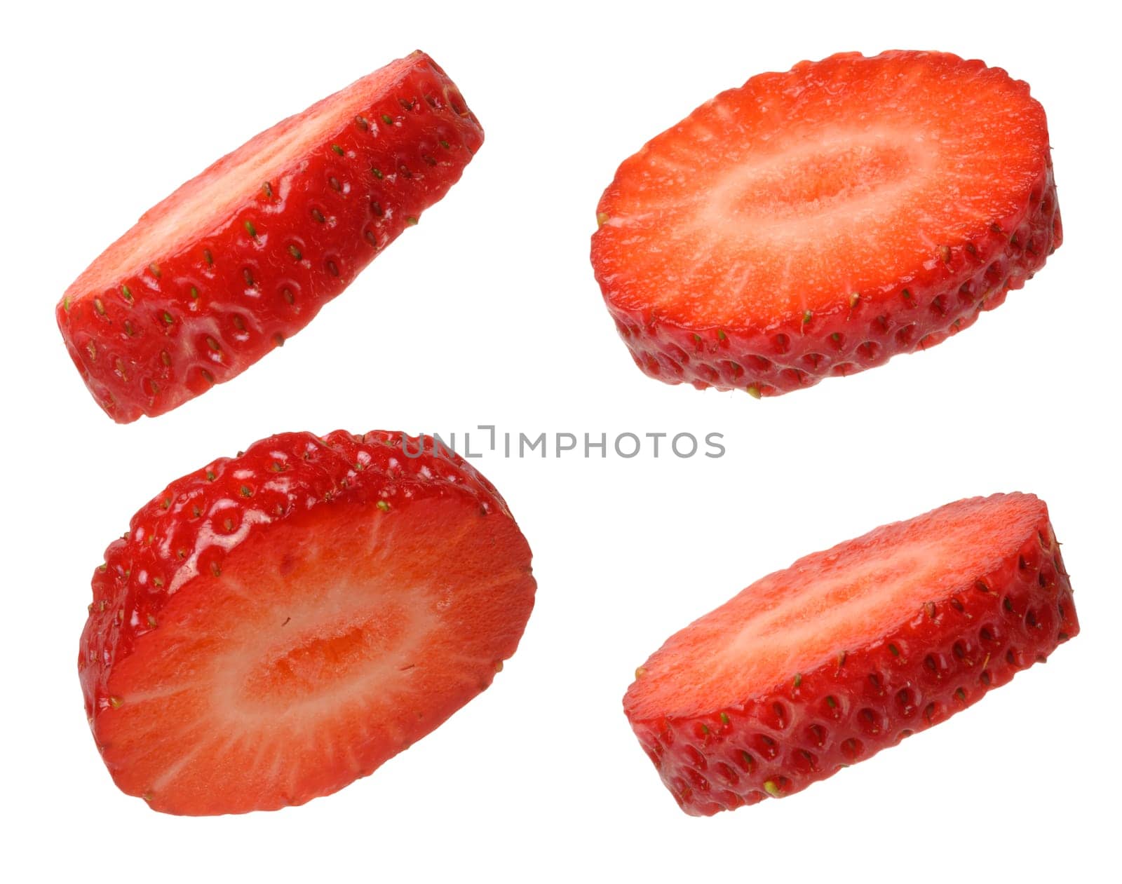 Pieces of ripe red strawberries on isolated background, set