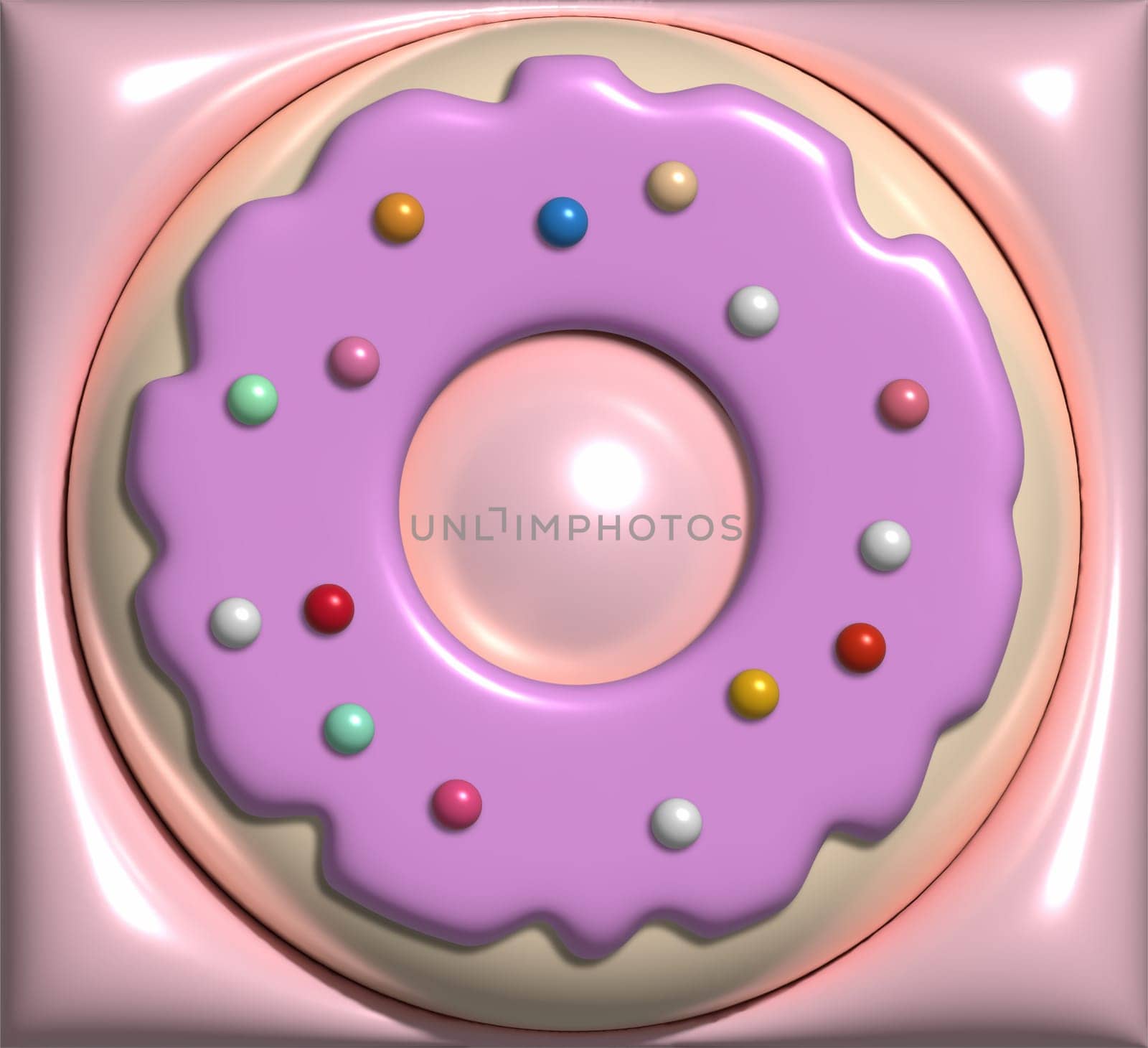 Round donut with pink icing and sprinkles, 3D rendering illustration by ndanko