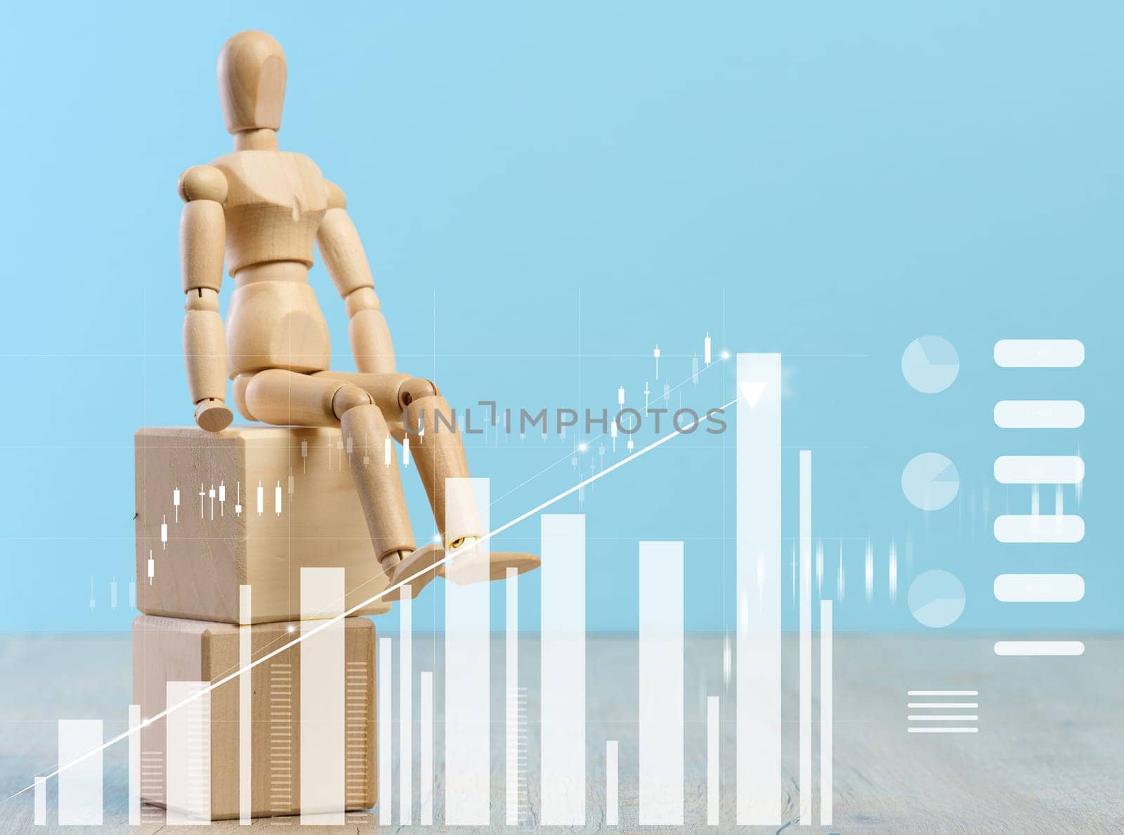 Wooden mannequin and graph with growing indicators on a blue background. Analysis of financial indicators in business, income growth