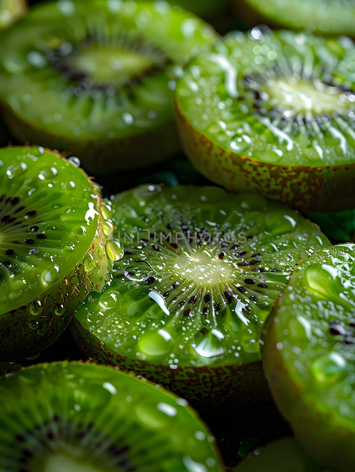 A closeup shot of sliced kiwi fruit showcasing its natural beauty with water drops. Kiwi is a delicious fruit and a staple food in many cuisines