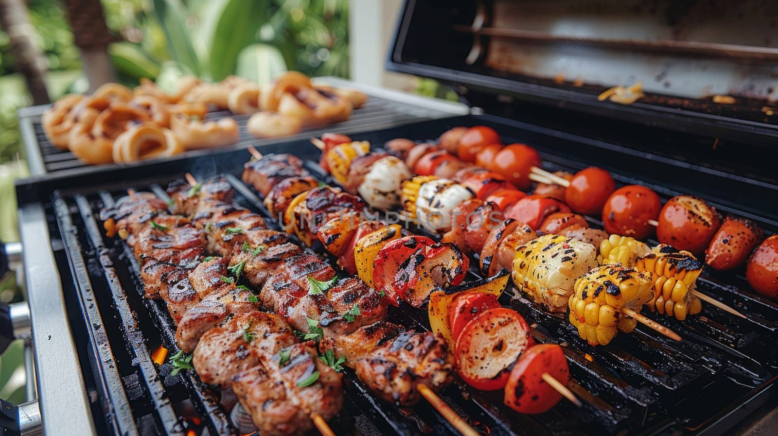 Grilled skewers on a grilled plate, outdoor.