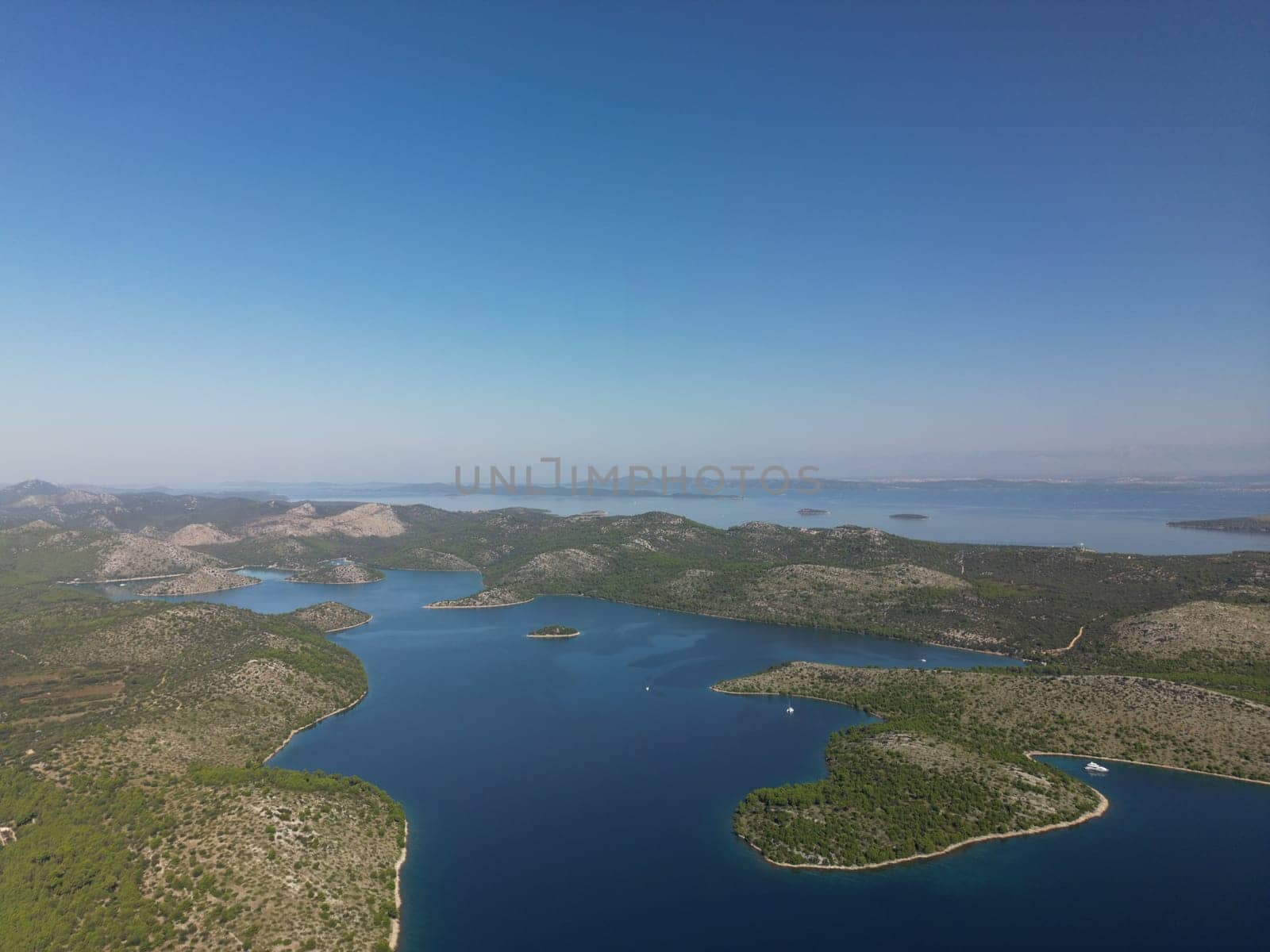 Drone aerial view on islands and sea water, beautiful summer landscape of Telascica bay in National Park, Croatia