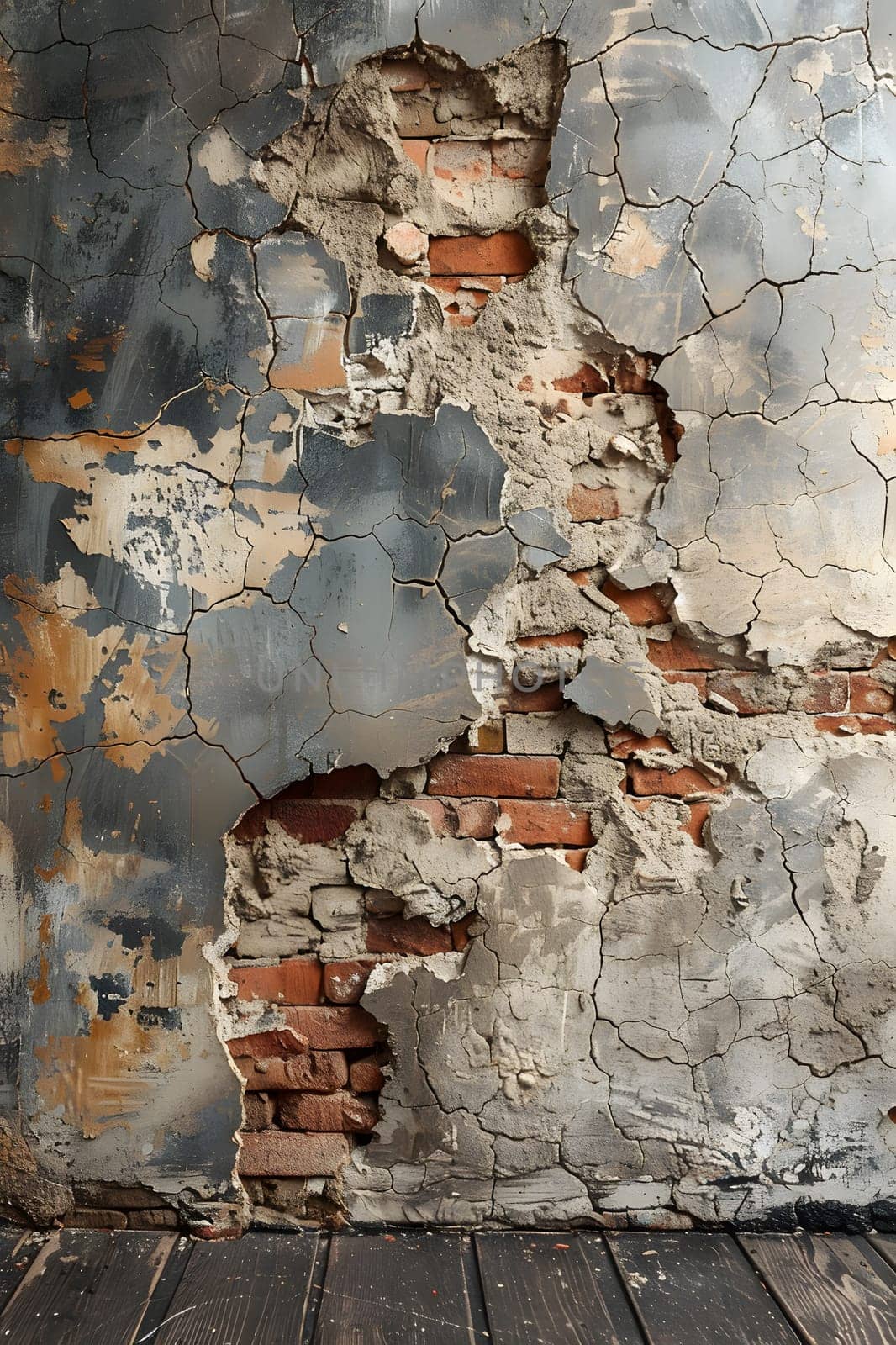 A brick wall with a hole in it contrasts against the wooden floor, creating a unique blend of building materials in this artful composite pattern