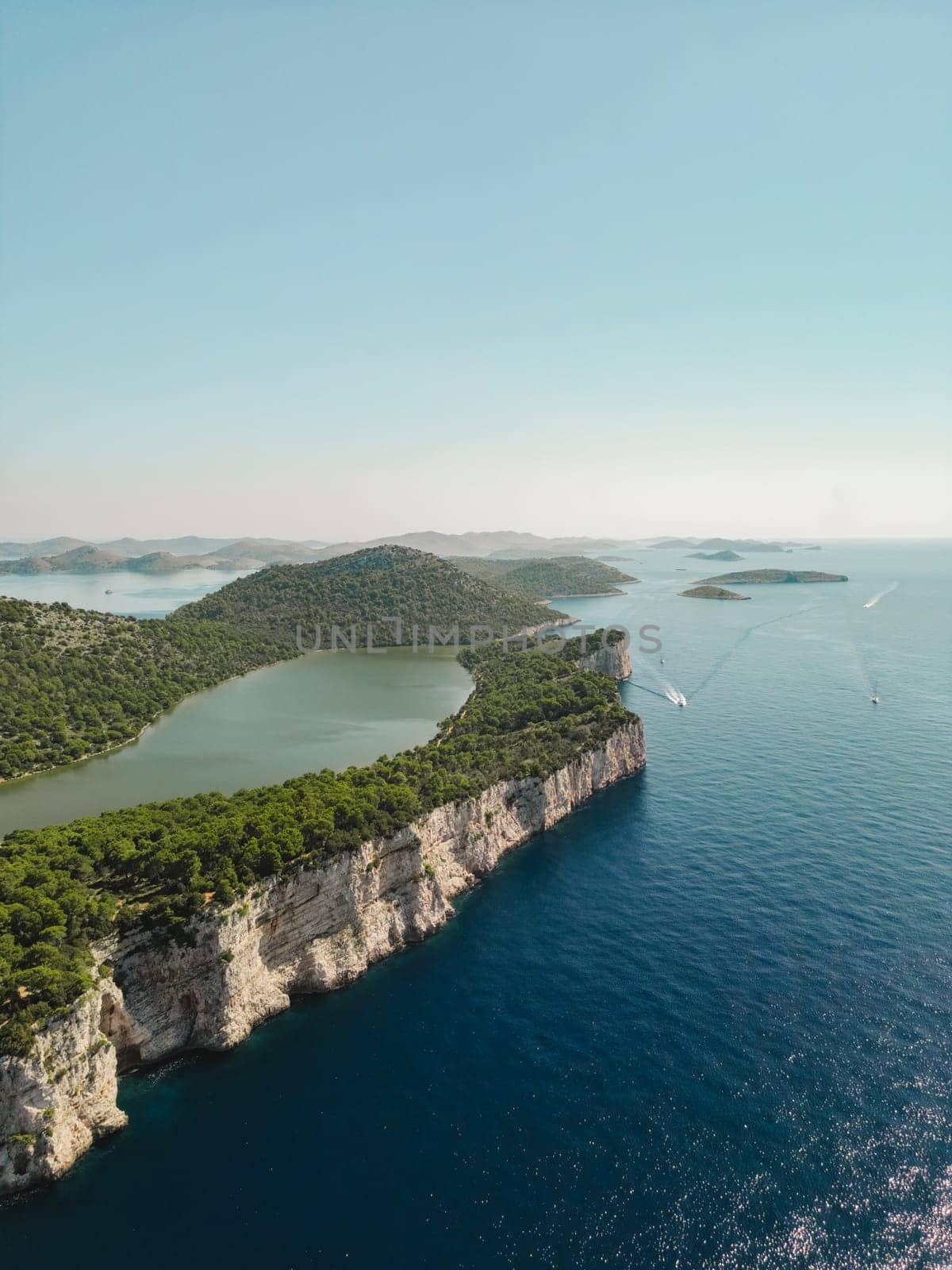 Drone view of Mir salt lake on Dugi Otok island, Telascica National Park with yachting tourism, Croatia