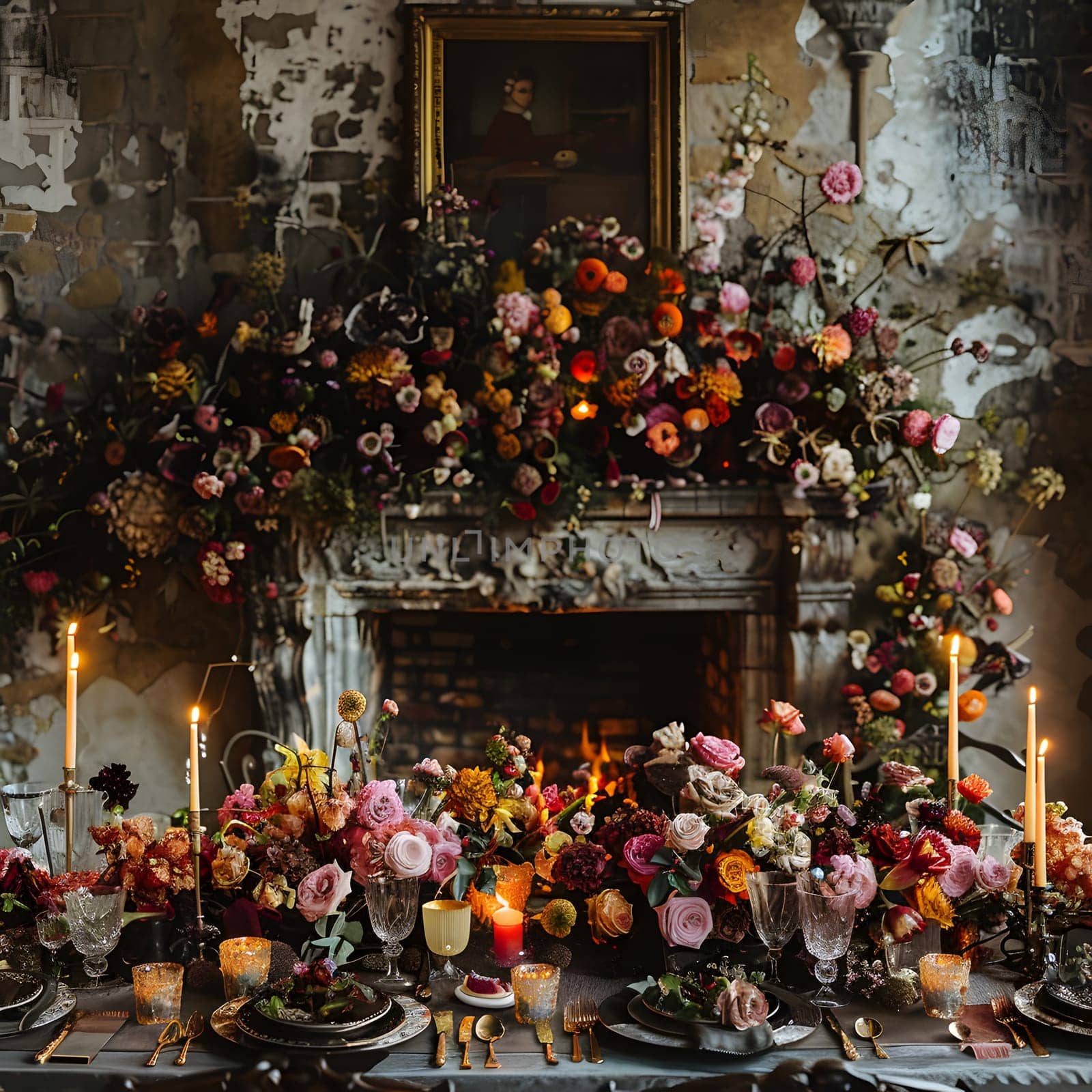 A festive table set with candles, flowers, and plates in front of a fireplace by Nadtochiy