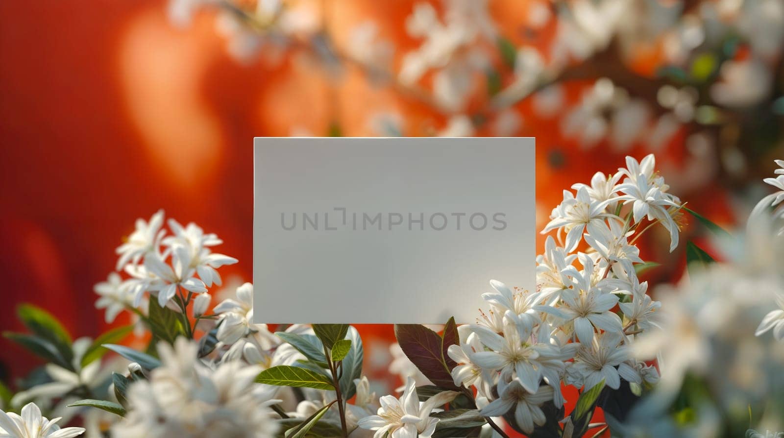 Blank White Card Surrounded by White Blossoms Against a Warm Bokeh Background by chrisroll