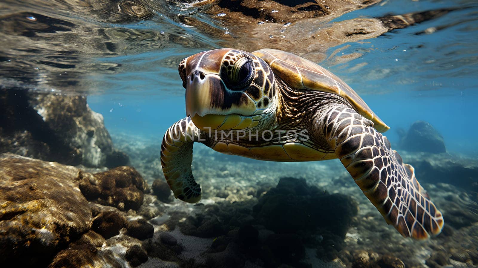 A majestic sea turtle swims with grace near the surface of clear waters. Rays of light dance on the turtles shell as it navigates the underwater seascape - Generative AI