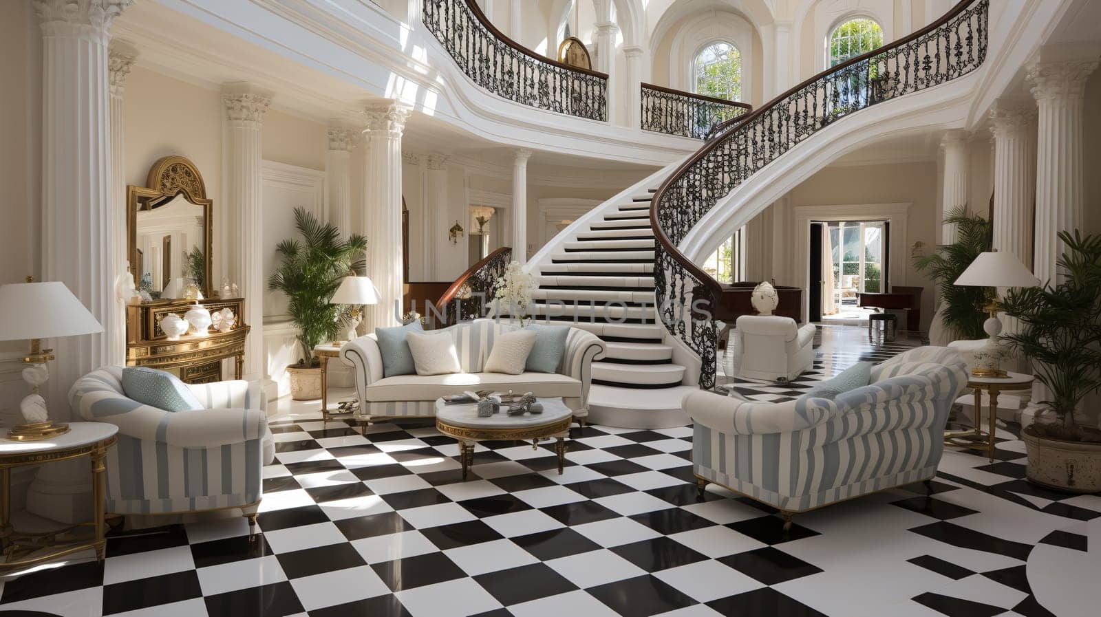 A sweeping staircase dominates this opulent foyer, adorned with a black-and-white checkered floor, elegant furnishings, and an array of decorative plants, under a naturally lit atrium - Generative AI