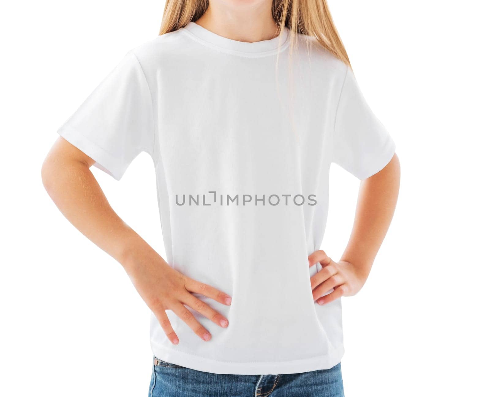 Cute Little Girl In A White Blank T-Shirt Isolated On A White Background