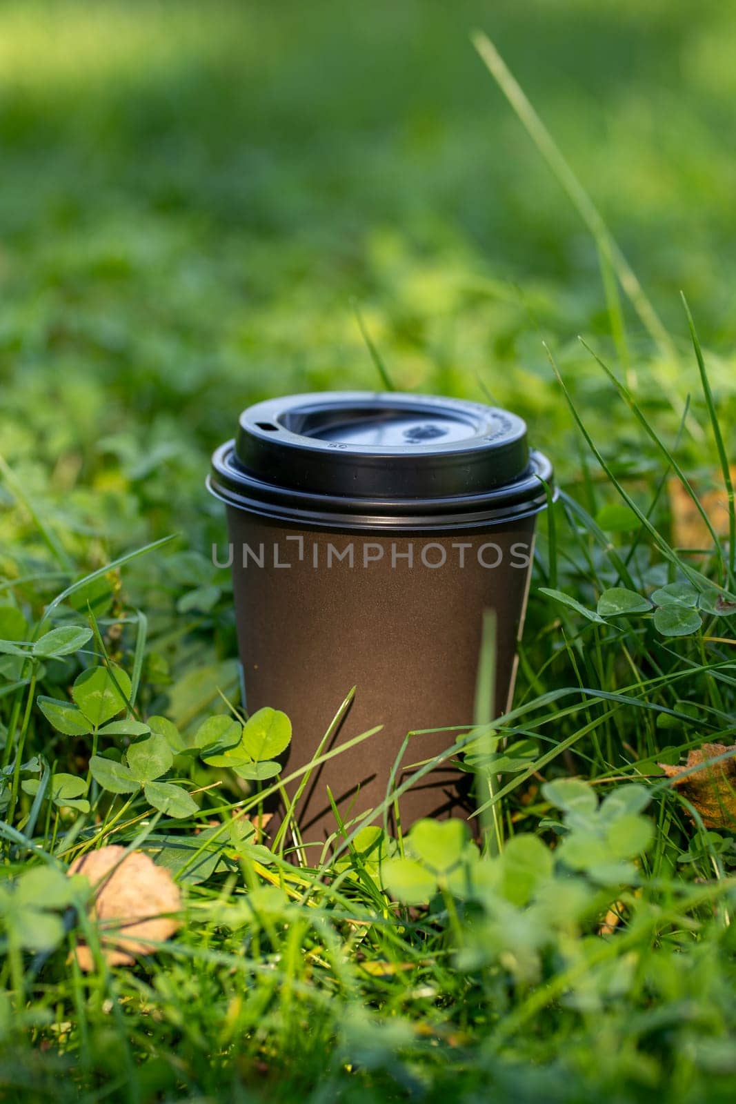 Brown paper cup with hot breakfast coffee on summer bright green grass of city park or garden