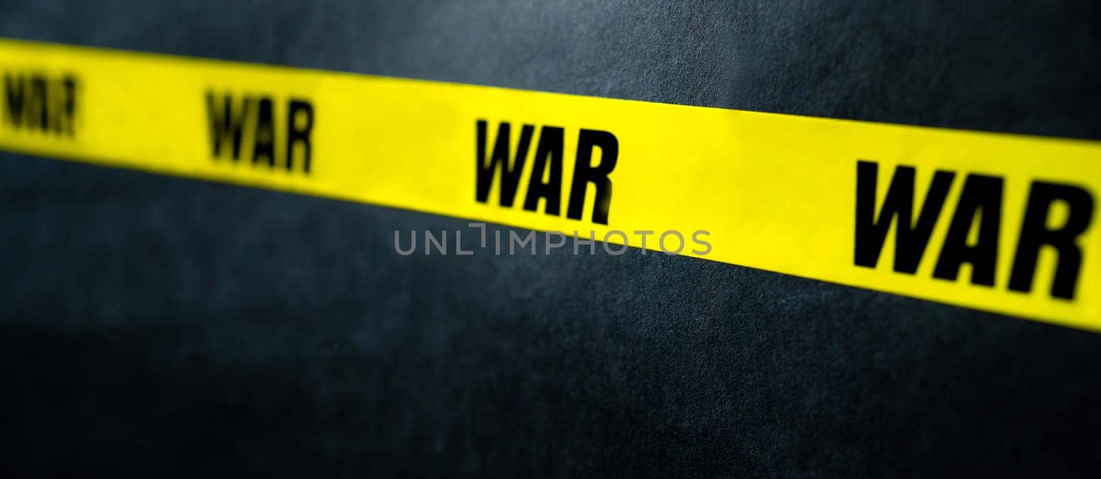Warning Yellow Tape Stripe With War Text As Warning Stop Millitary Conflict. Concept Of Invasion, Danger And Truth