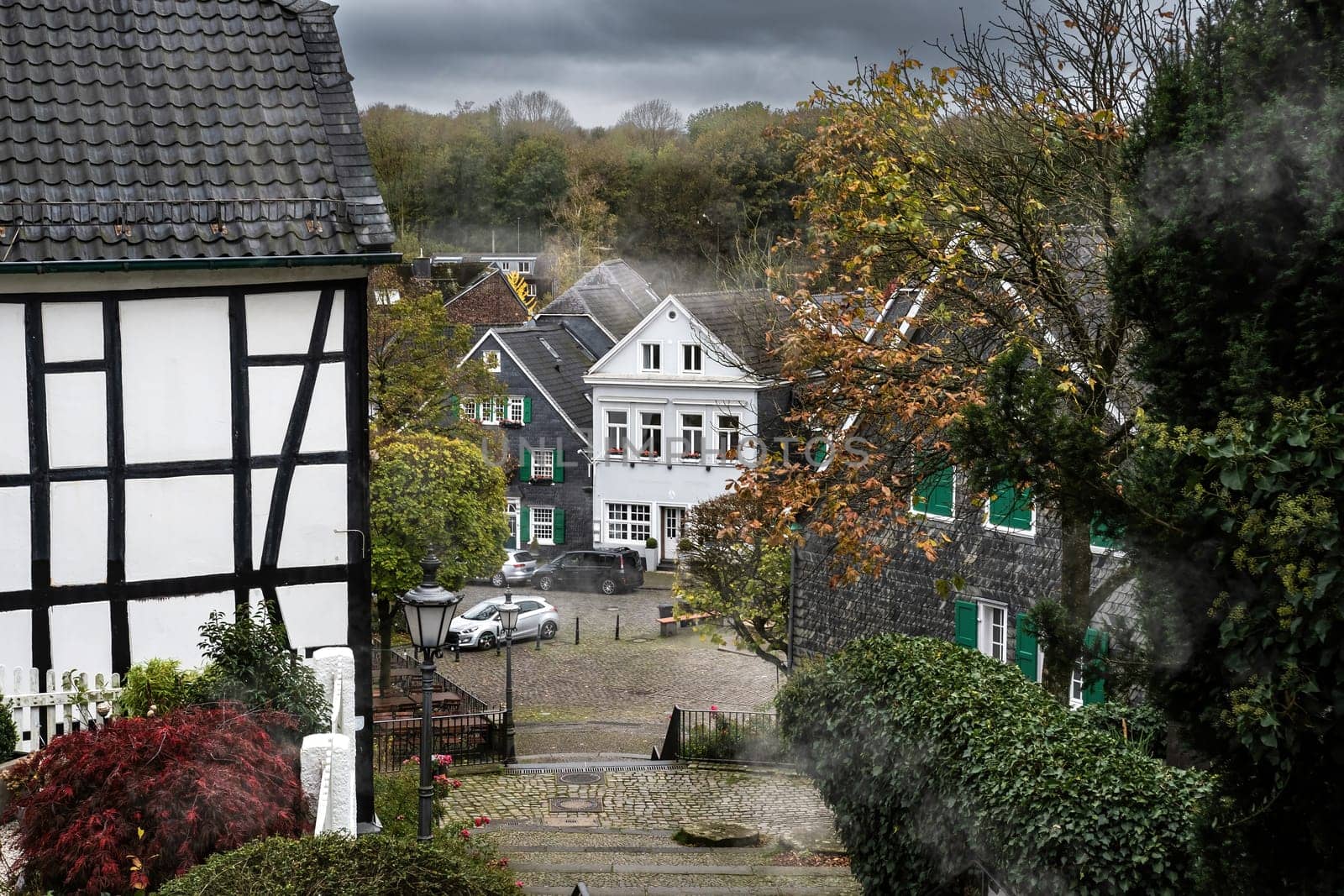 View From the Stair on a Historical Marketplace square In Solingen Graefrath with haze