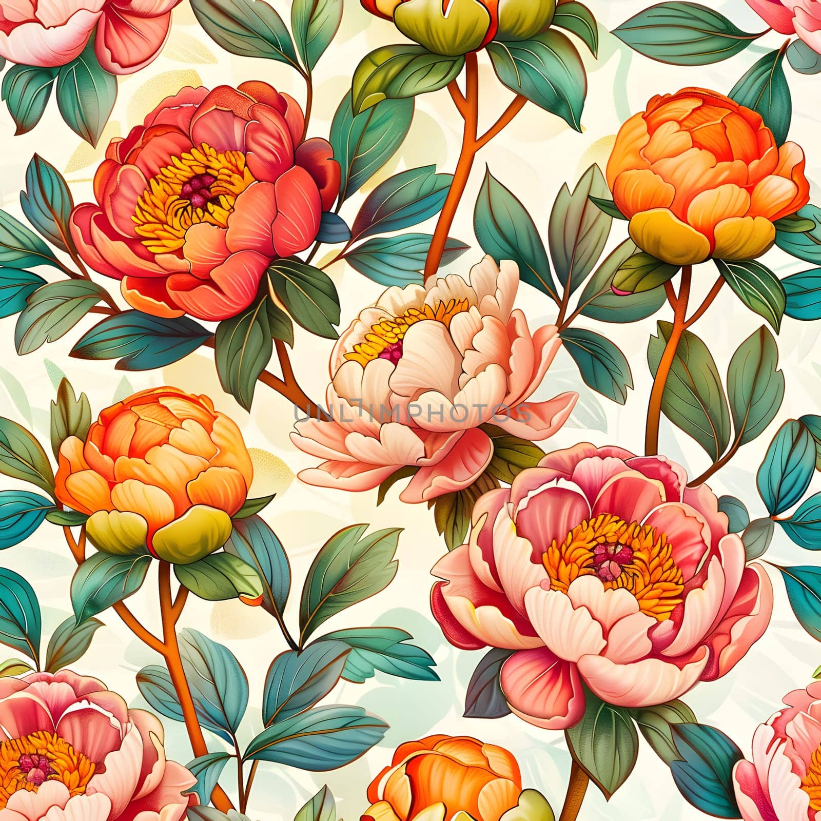 a seamless pattern with pink and orange flowers and green leaves on a white background by Nadtochiy