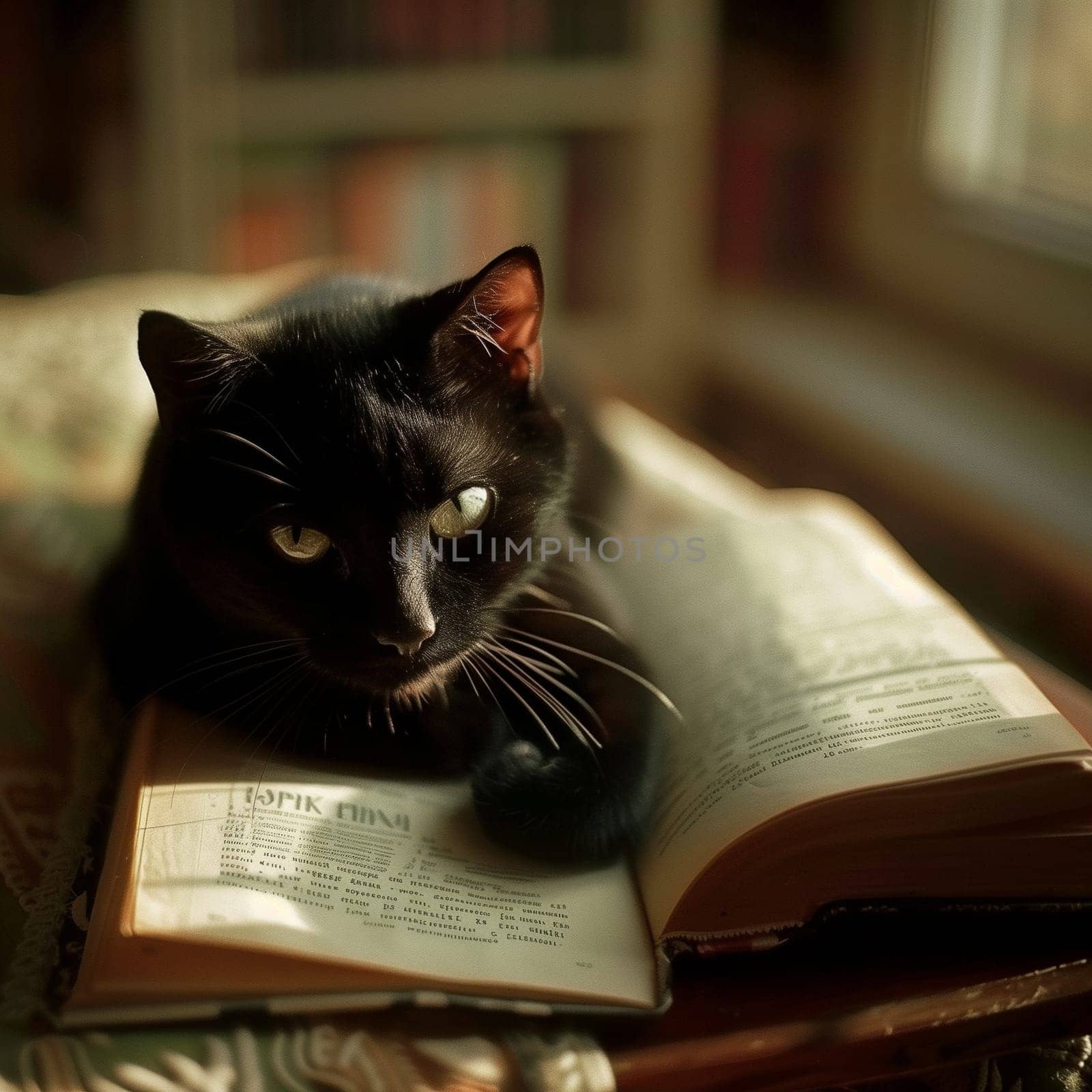 Colorful photo of a black cat on a book. High quality photo