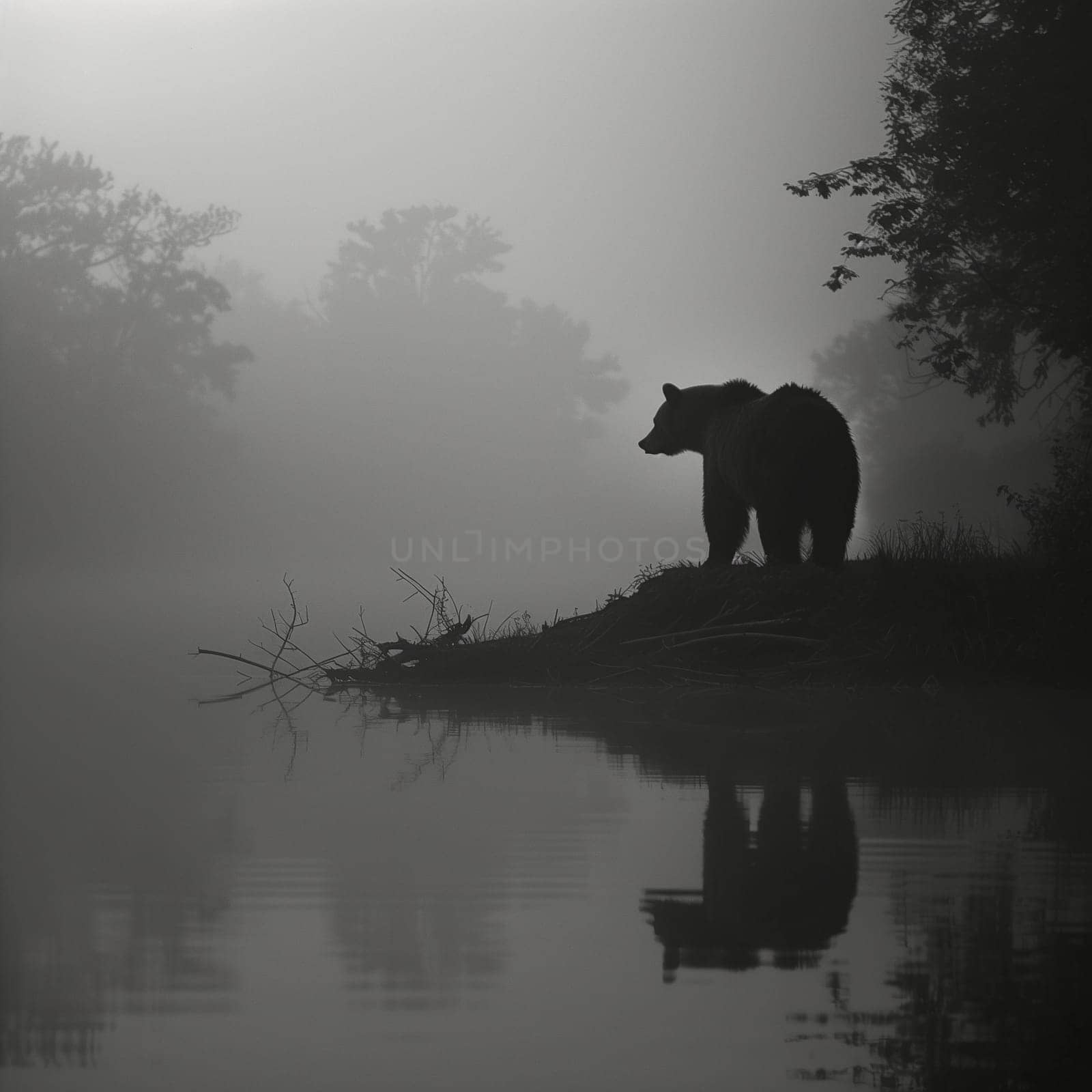 Gloomy photo of a bear on the river. High quality photo