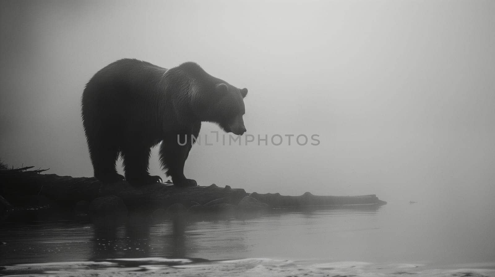 Gloomy photo of a bear on the river. High quality photo