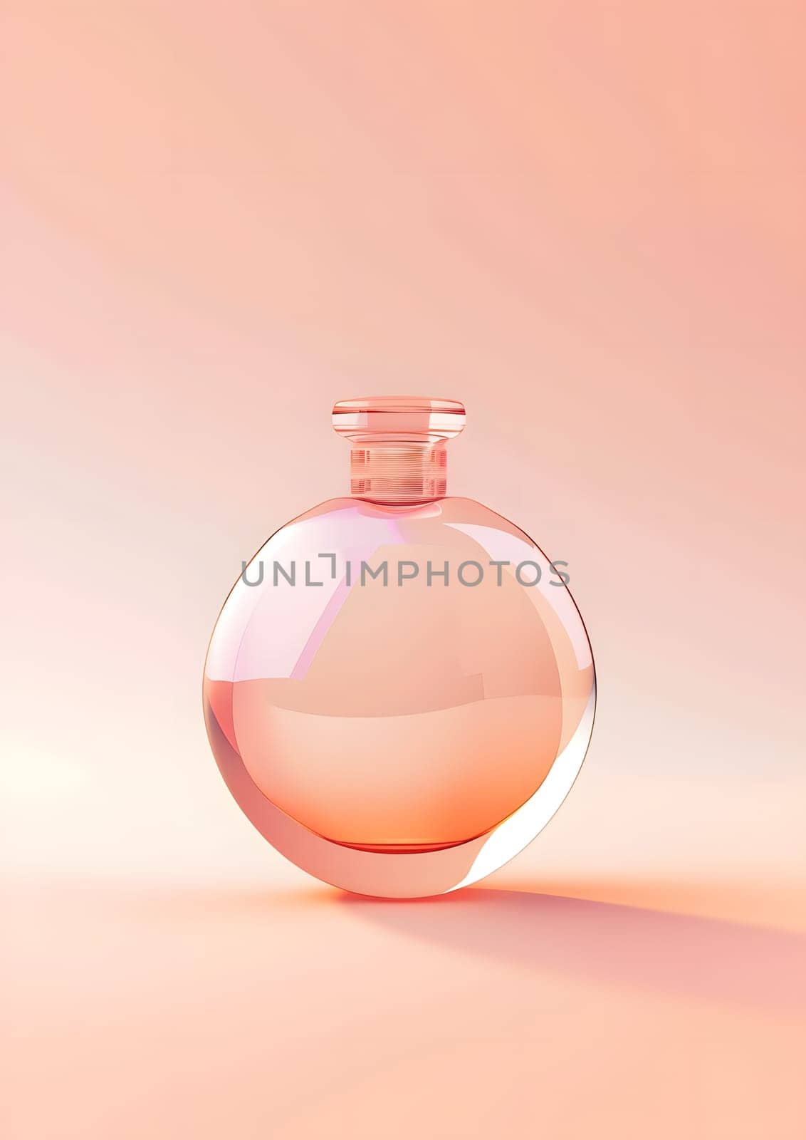 A glass bottle of perfume is placed on a pink surface, creating a beautiful contrast. The circular shape of the bottle gives it a sleek and elegant look