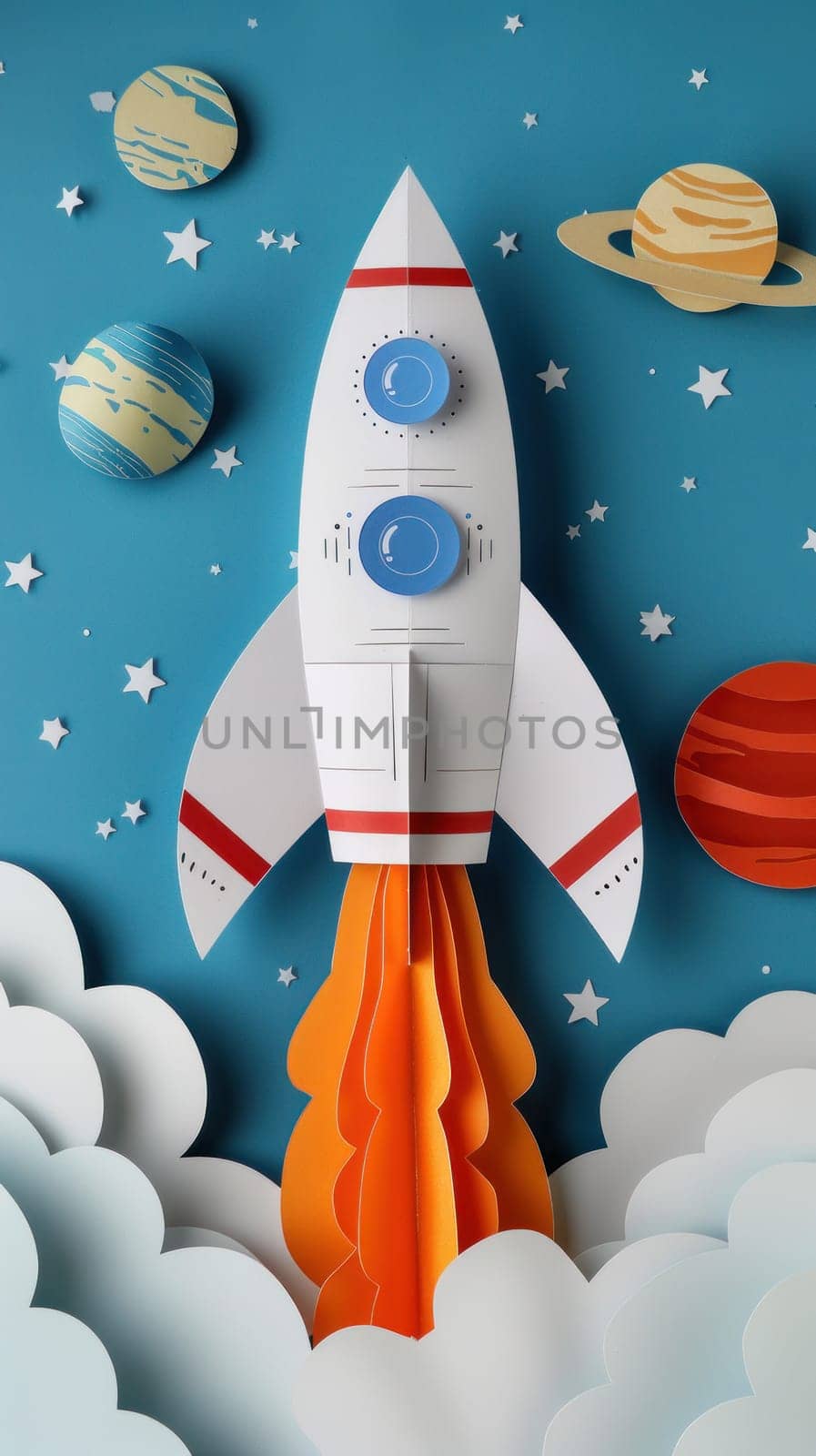 A paper rocket is flying through space with planets and stars surrounding it by golfmerrymaker