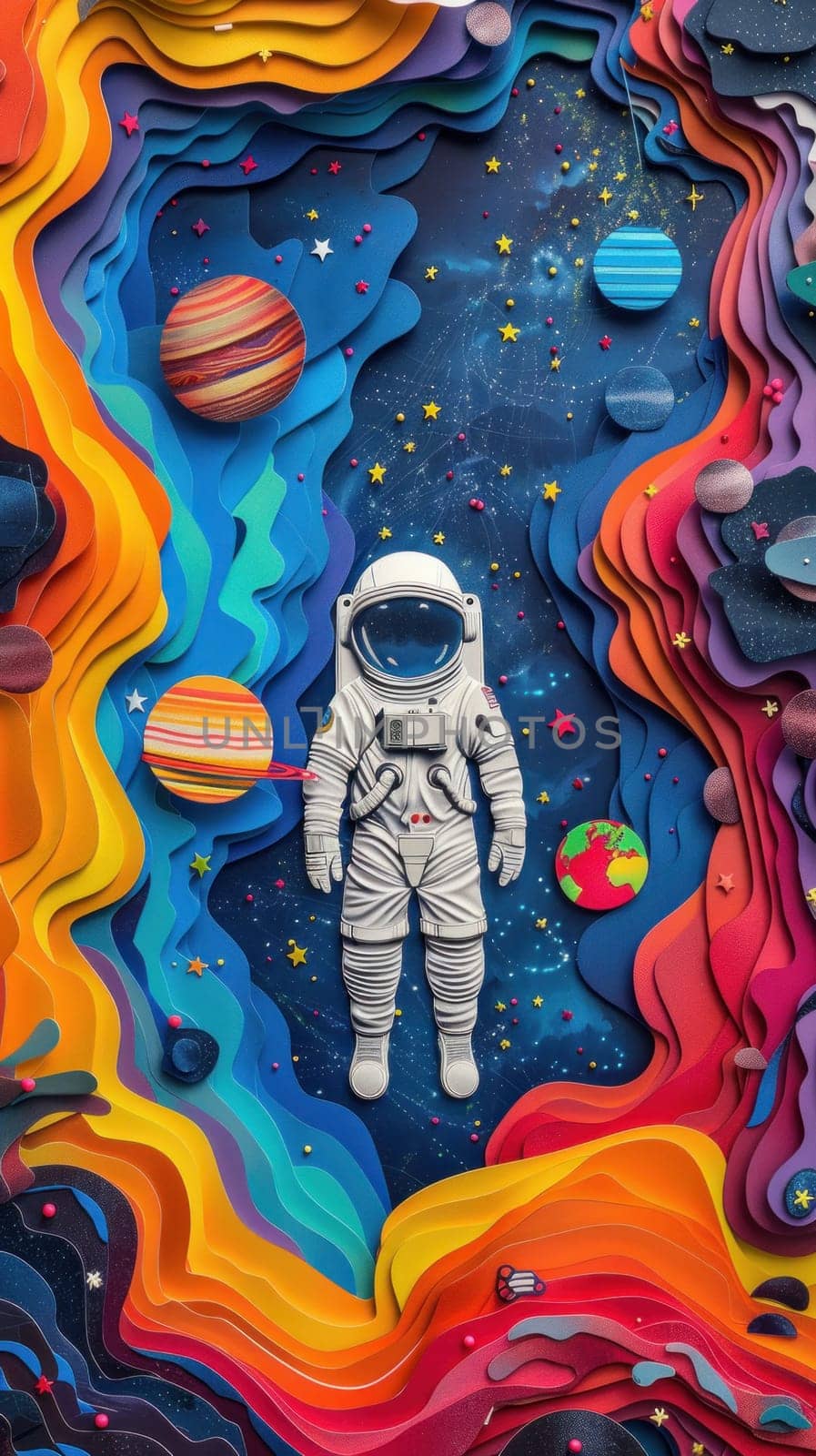 A colorful paper cutout of a man in a spacesuit standing in front of a colorful by golfmerrymaker