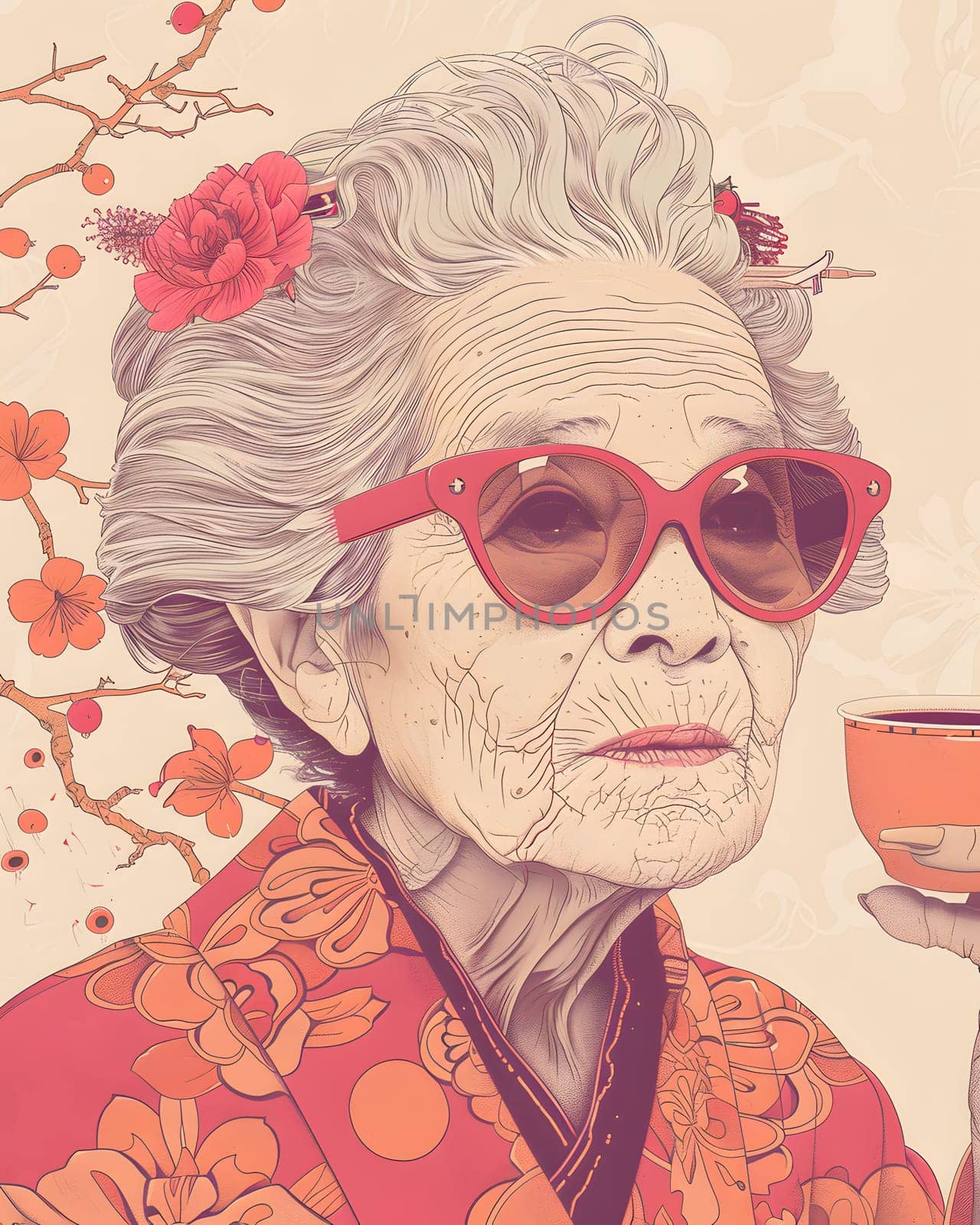 Elderly woman in sunglasses kimono holds coffee cup by Nadtochiy