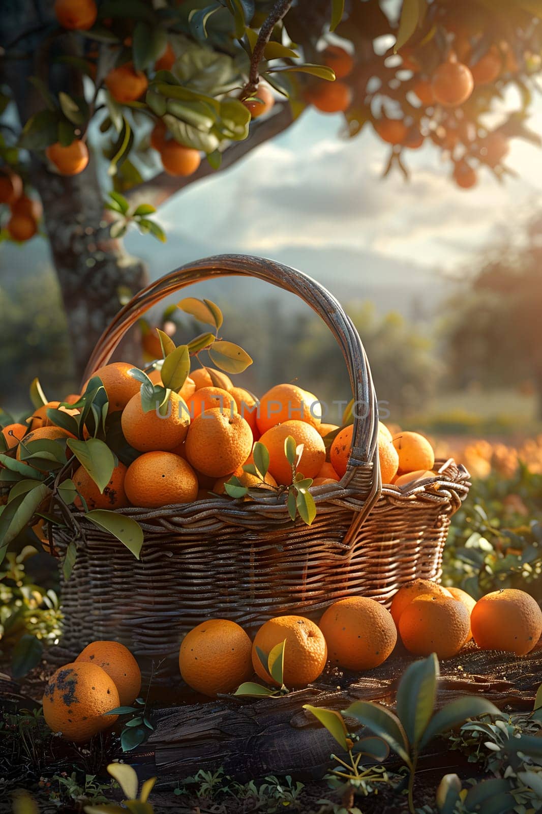 A basket filled with oranges is placed under a Rangpur orange tree. The fruit is a natural food, whole food, and produce from the plant