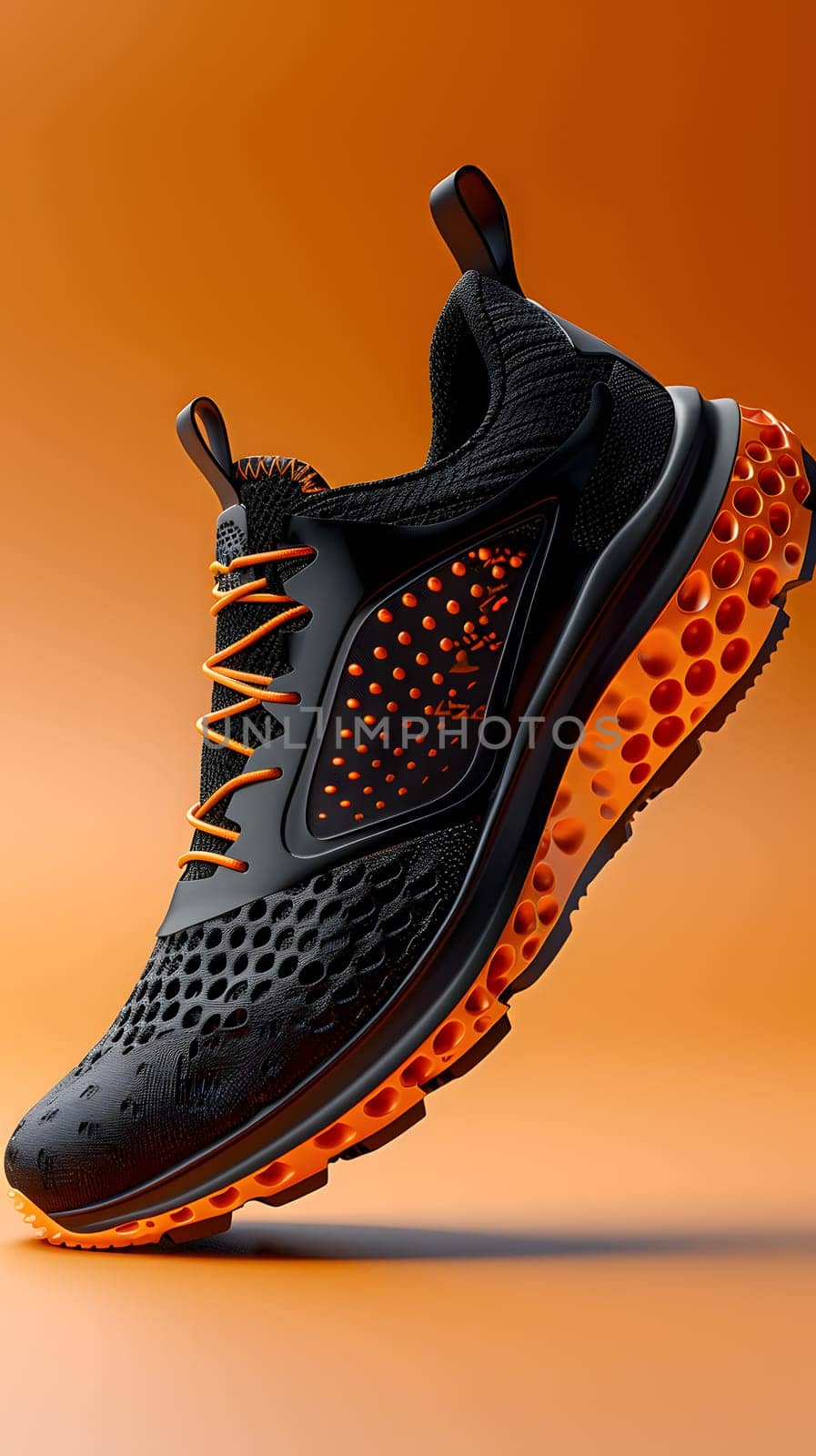 Athletic shoe in black and orange color scheme, floating against an orange background. Perfect for outdoor activities and sports training